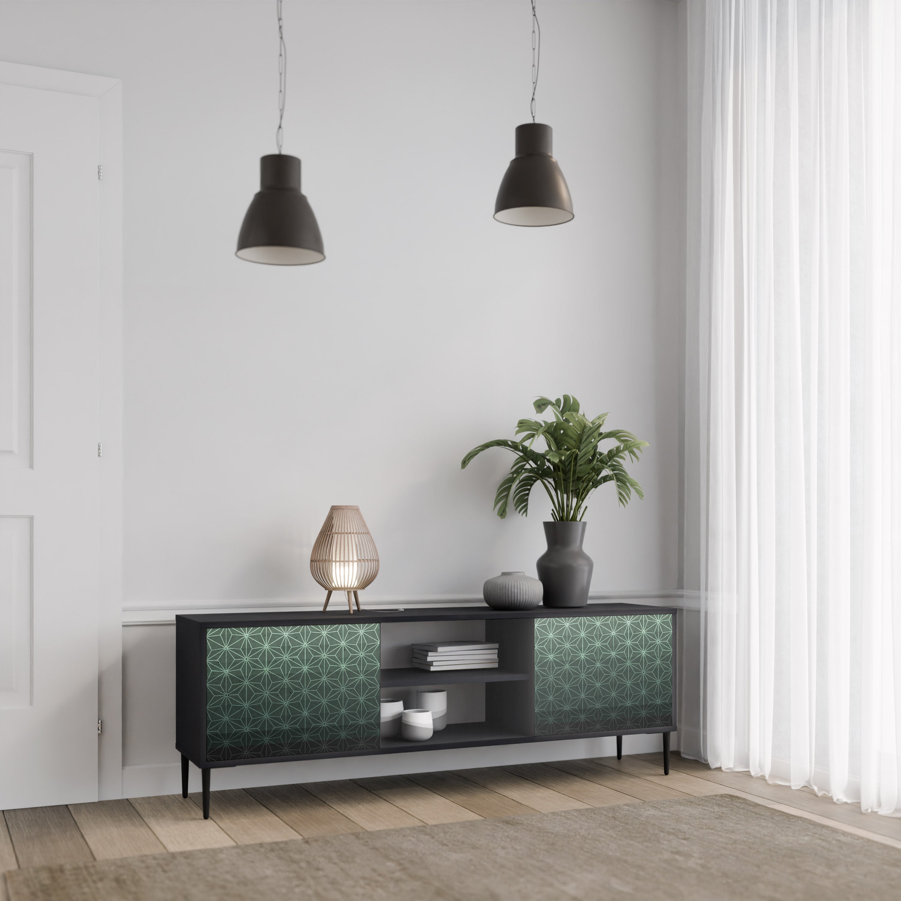 Mueble de TV de 2 puertas ORNAMENTAL GLIMMER con acabado negro