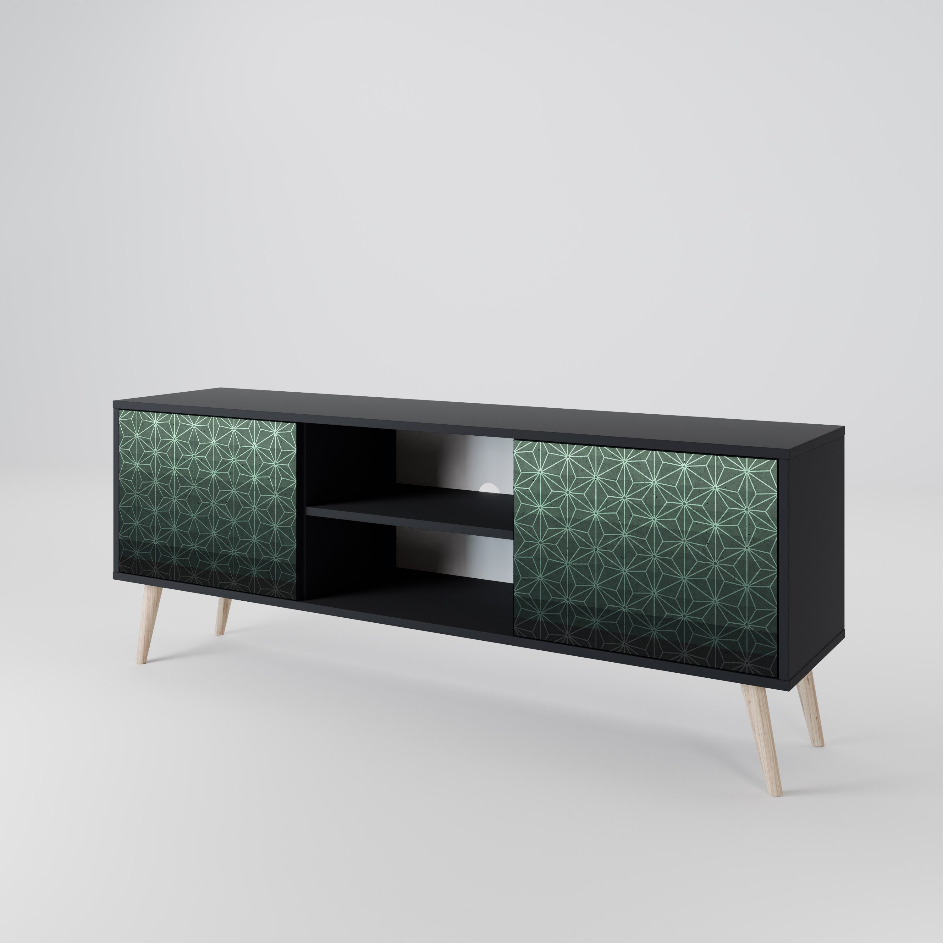 Mueble de TV de 2 puertas ORNAMENTAL GLIMMER con acabado negro