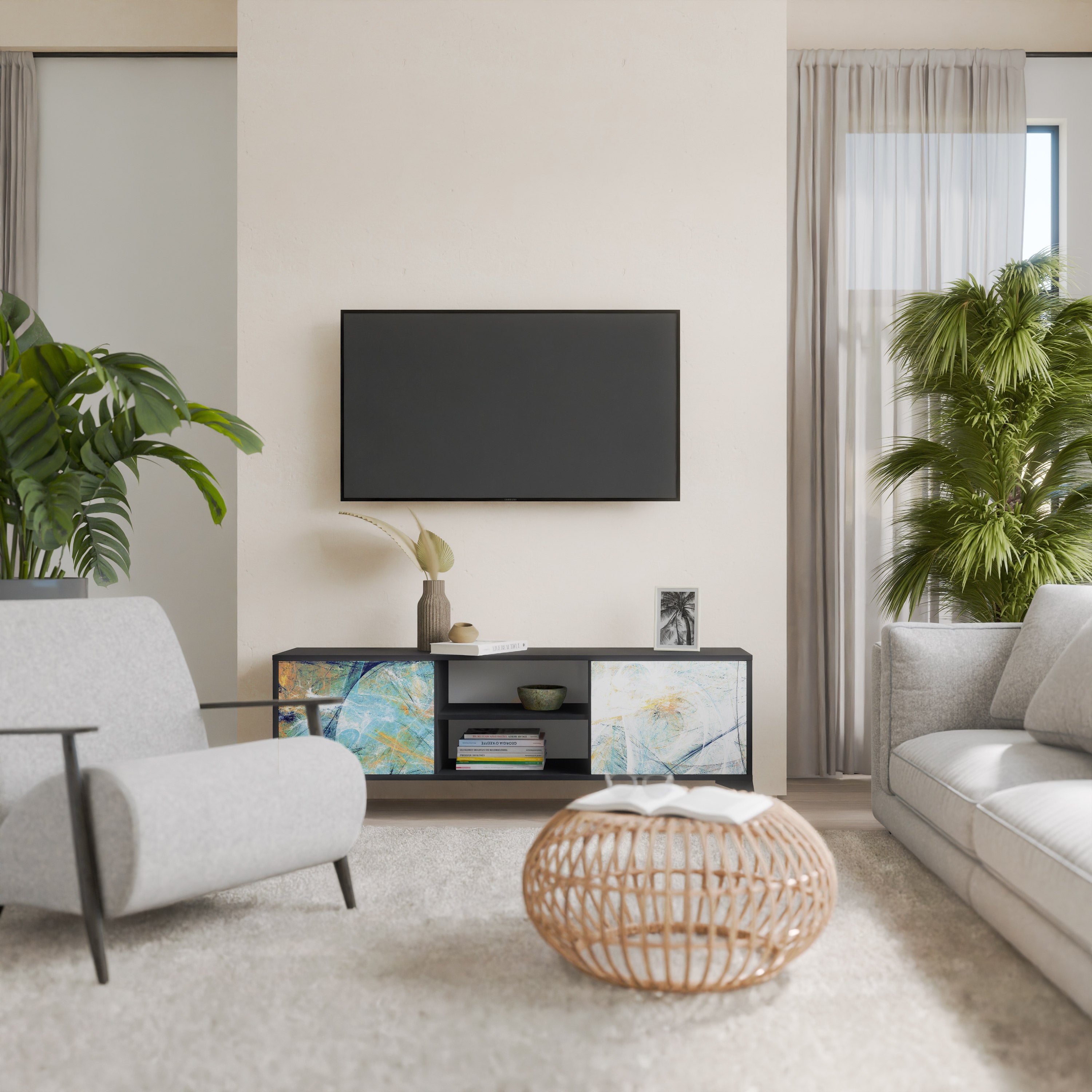 PENSAMIENTOS ABSTRACTOS Mueble de TV de 2 puertas en acabado negro