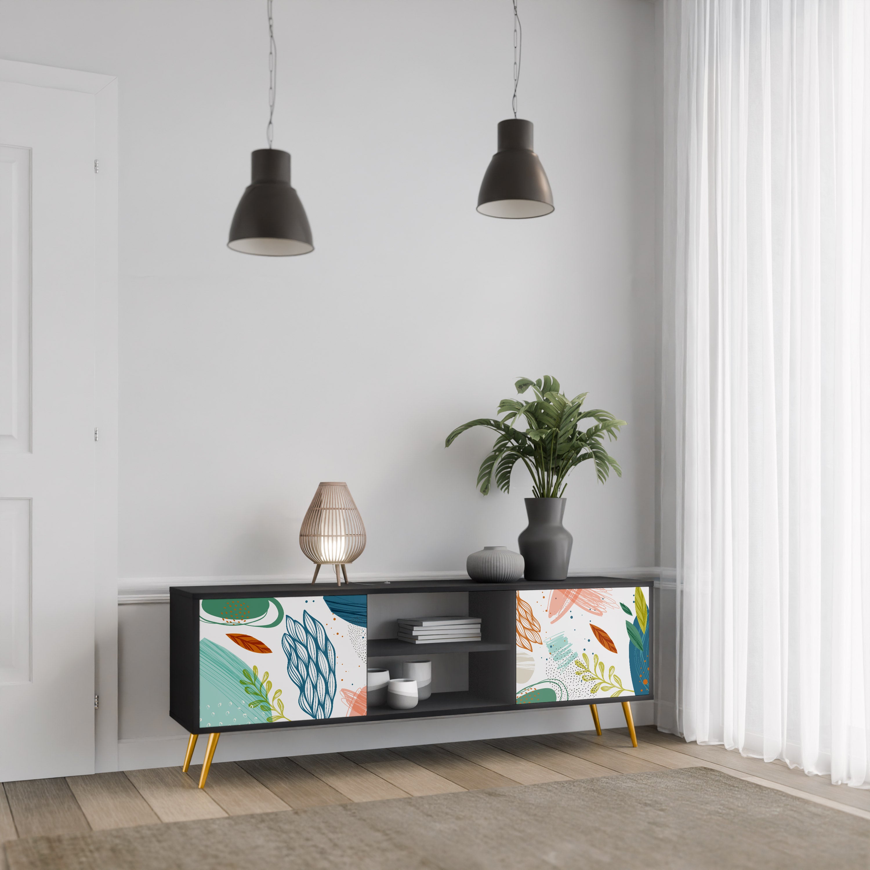 Mueble de TV de 2 puertas BOTANICAL HURRICANE con acabado negro