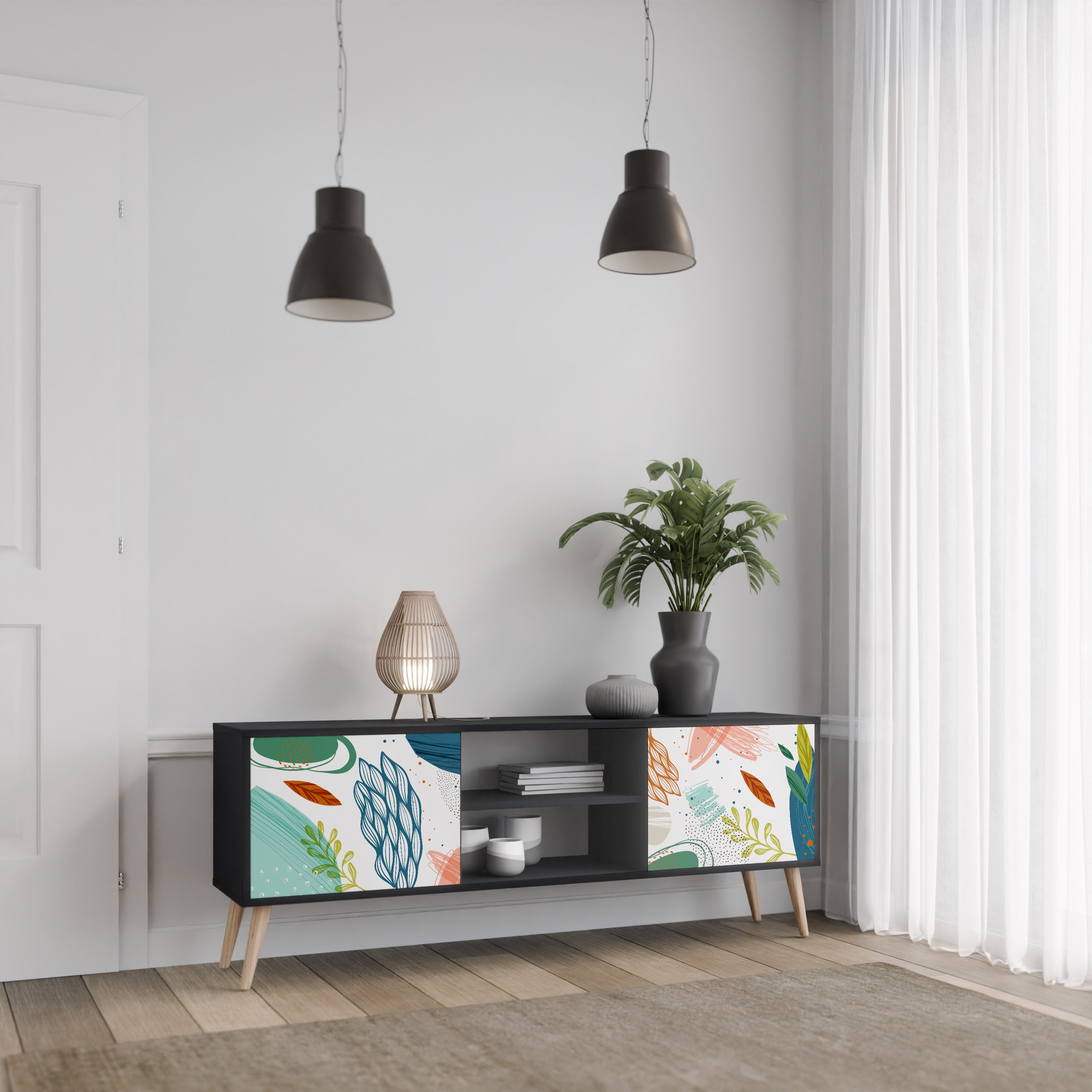 Mueble de TV de 2 puertas BOTANICAL HURRICANE con acabado negro