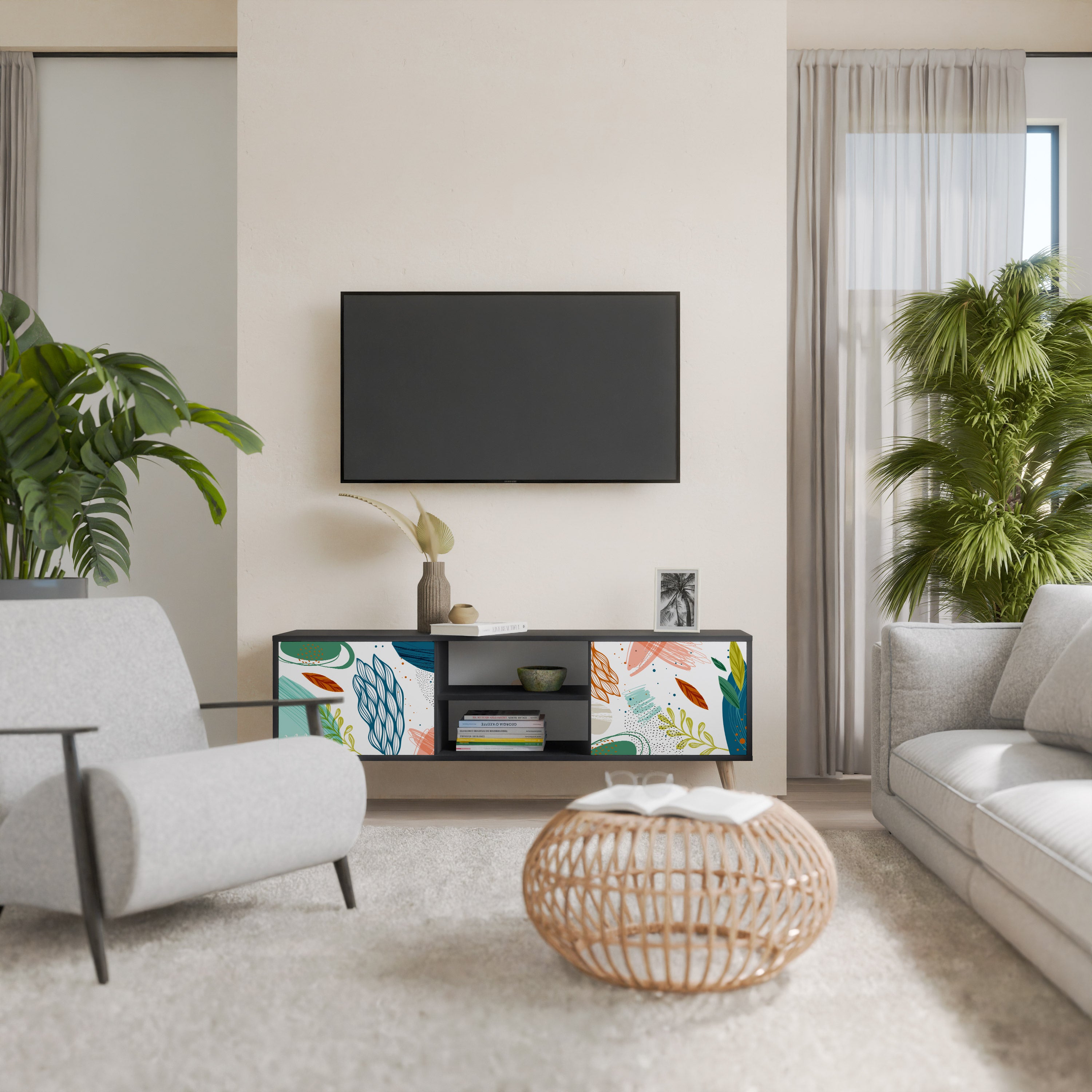 Mueble de TV de 2 puertas BOTANICAL HURRICANE con acabado negro