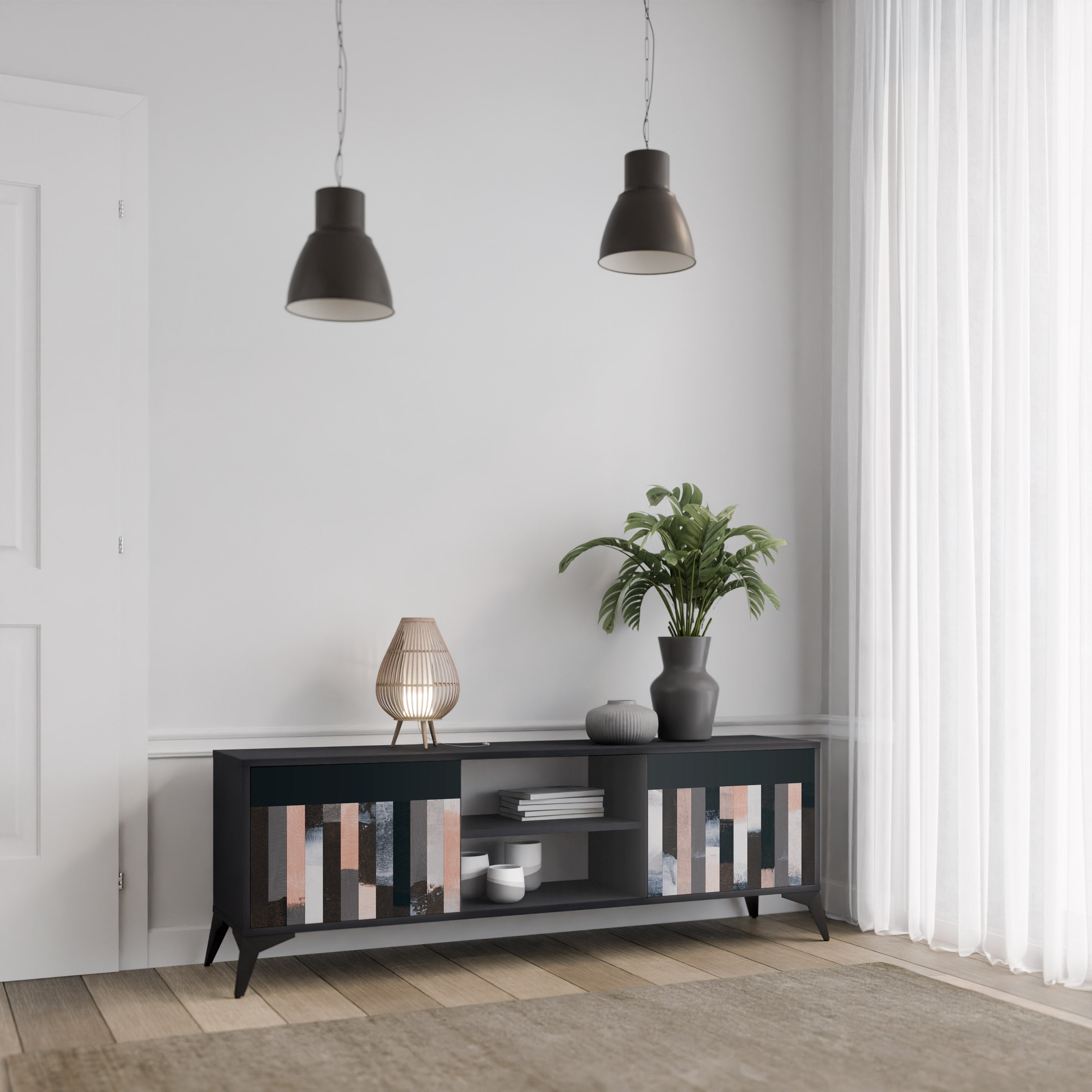 COLLAGE DE RECTÁNGULOS Mueble de TV de 2 puertas en acabado negro