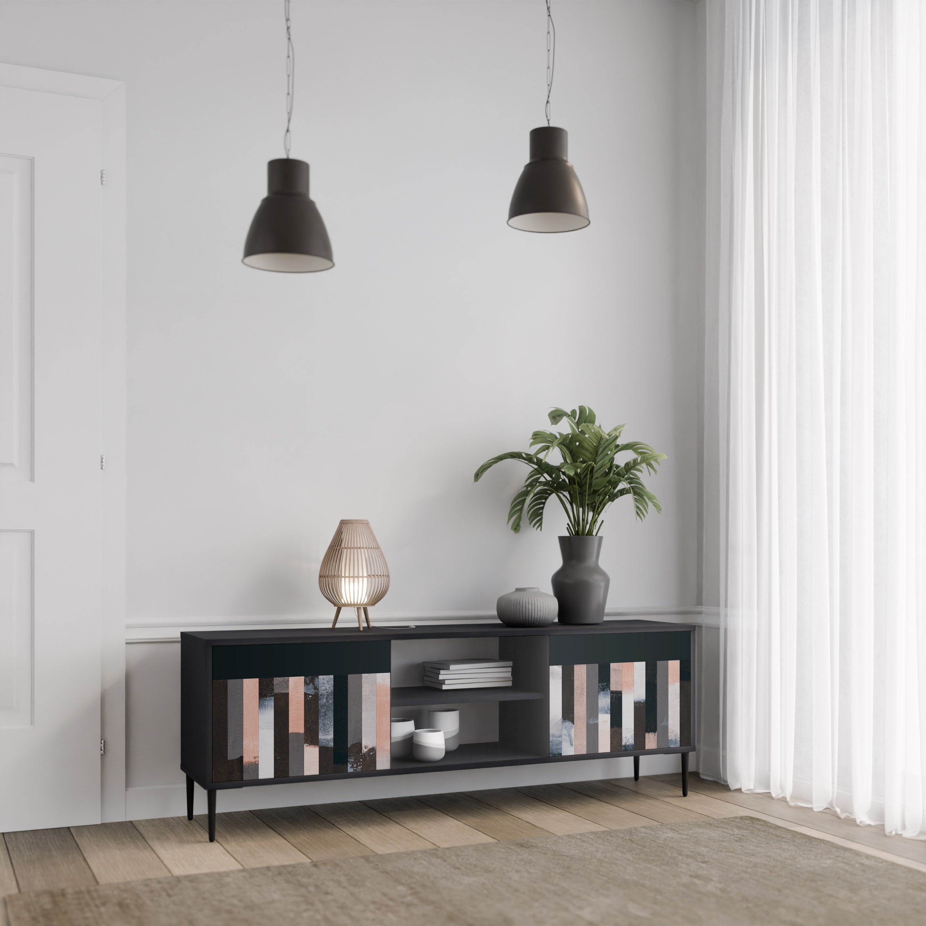 COLLAGE DE RECTÁNGULOS Mueble de TV de 2 puertas en acabado negro