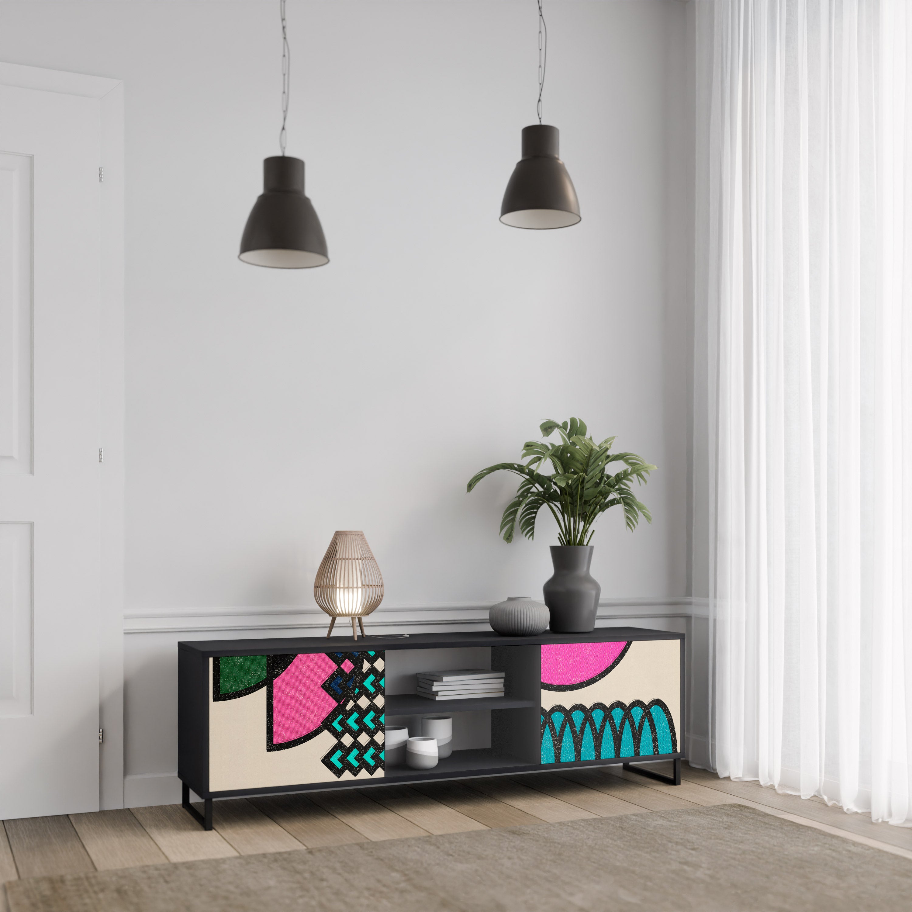 Mueble de TV GEOMETRIC RHAPSODY de 2 puertas con acabado negro