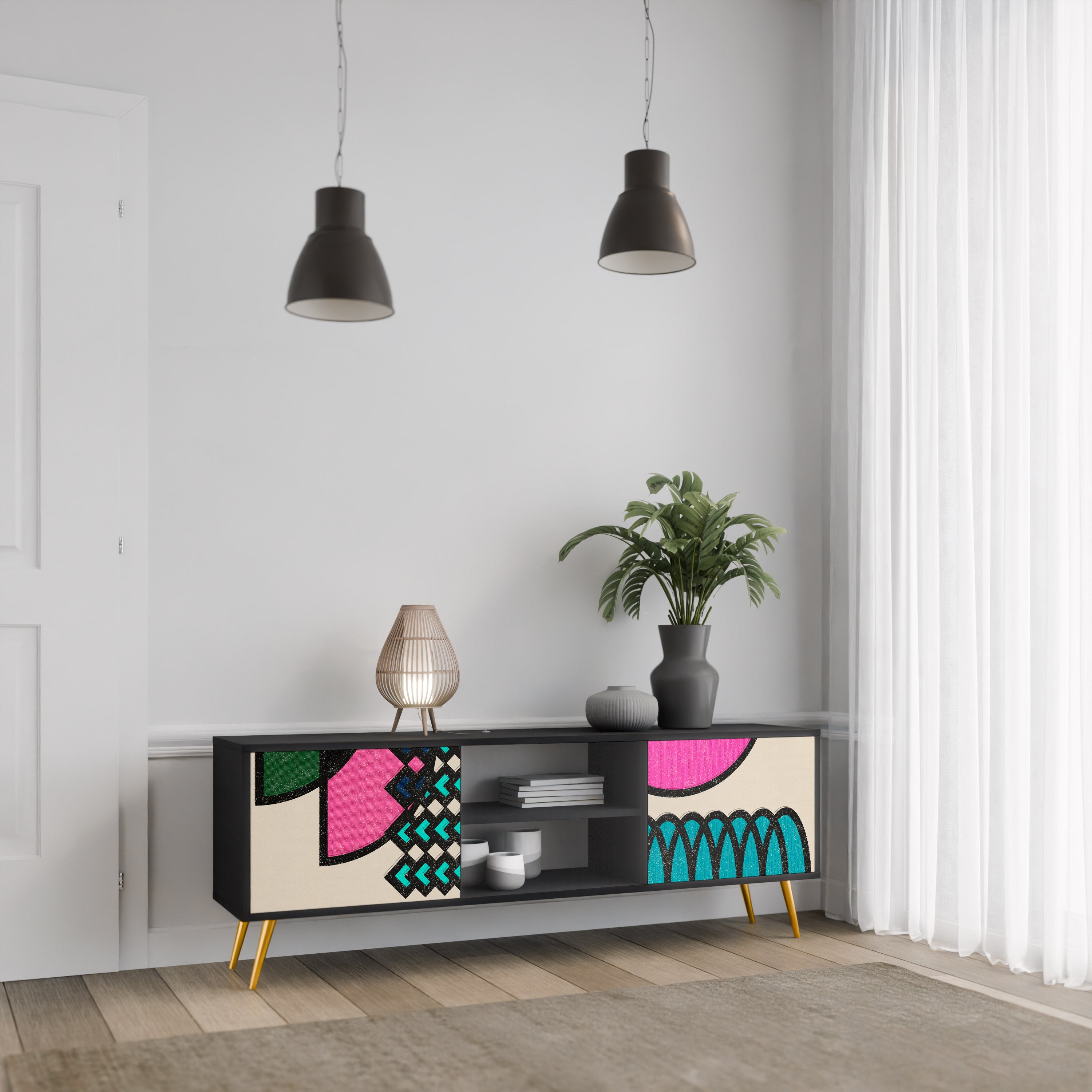 Mueble de TV GEOMETRIC RHAPSODY de 2 puertas con acabado negro