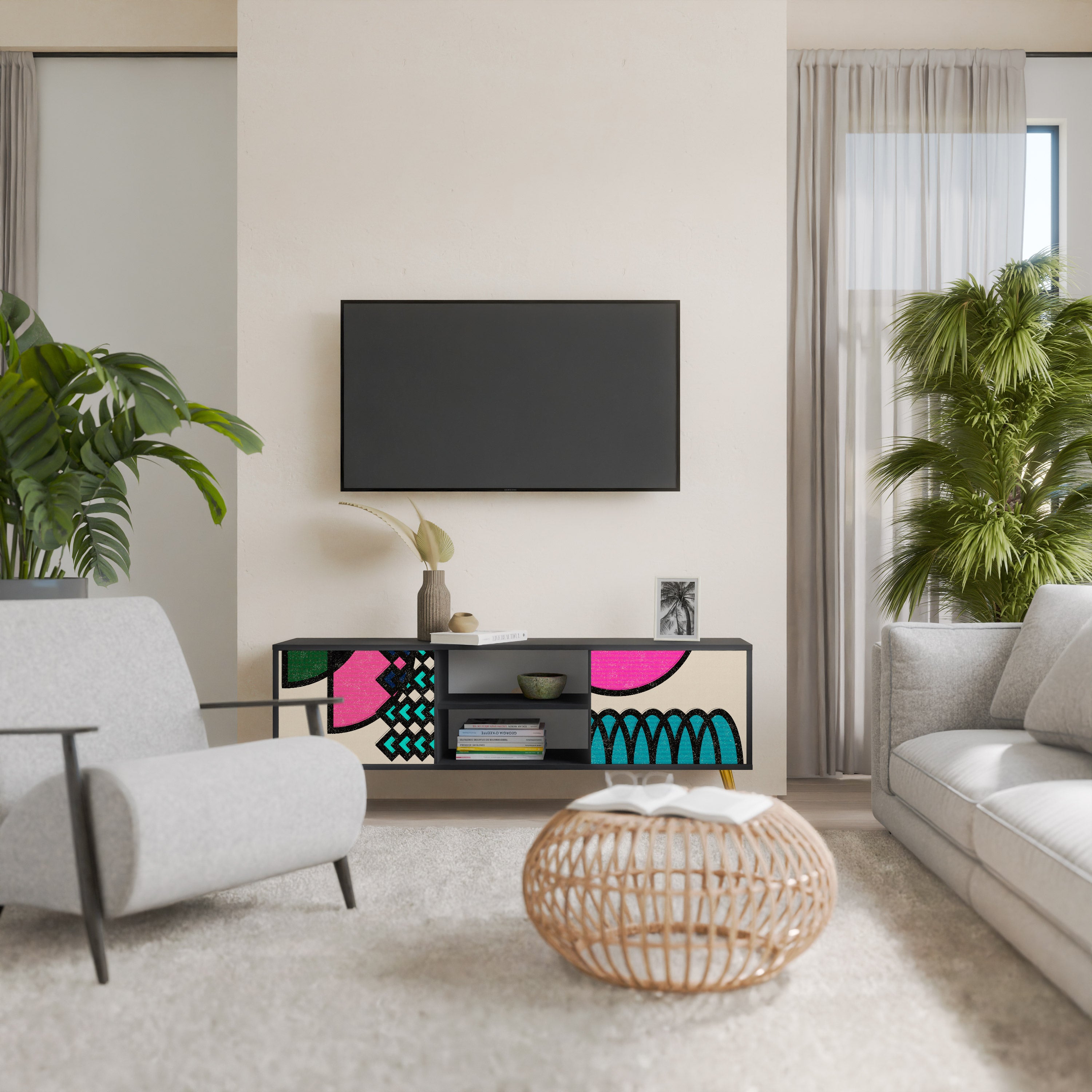 Mueble de TV GEOMETRIC RHAPSODY de 2 puertas con acabado negro