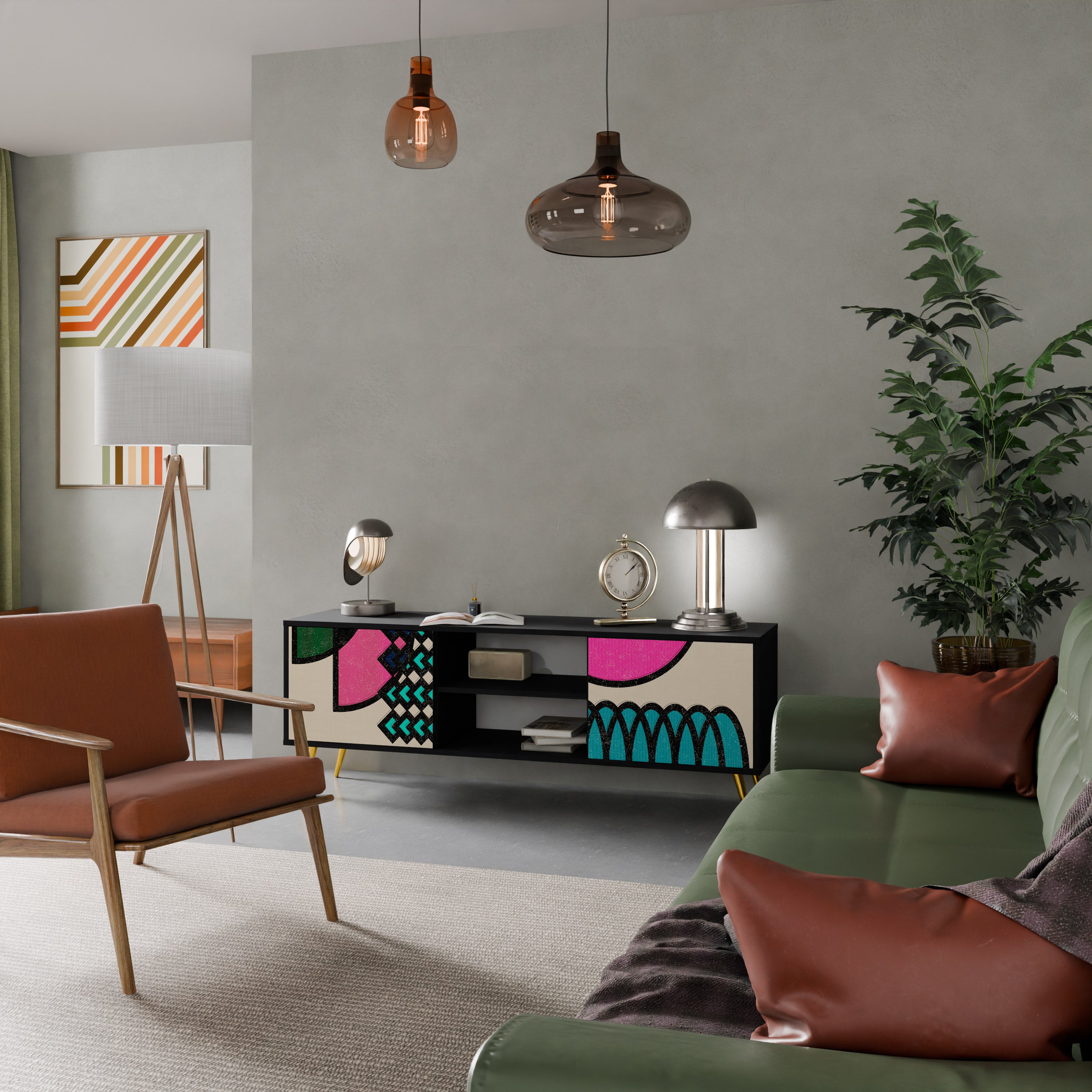 Mueble de TV GEOMETRIC RHAPSODY de 2 puertas con acabado negro