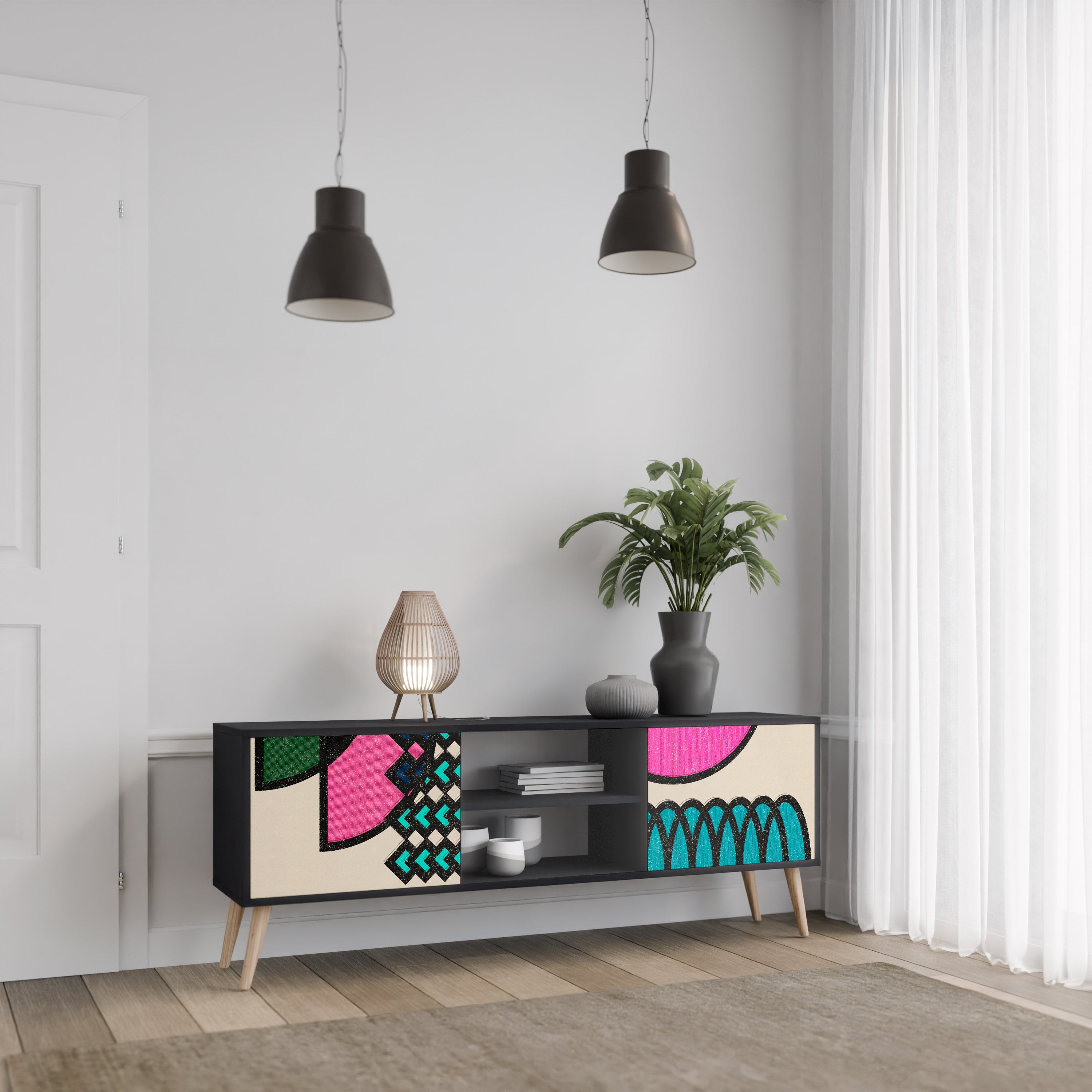 Mueble de TV GEOMETRIC RHAPSODY de 2 puertas con acabado negro