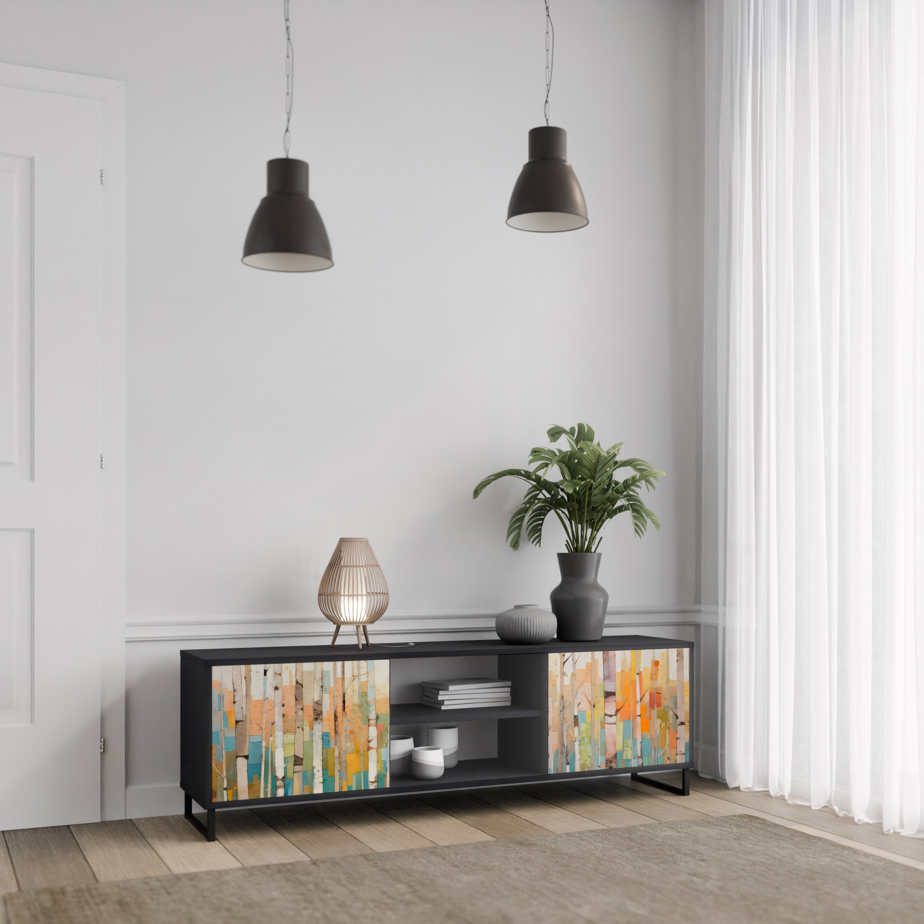 Mueble de TV de dos puertas BIRCH KALEIDOSCOPE con acabado negro