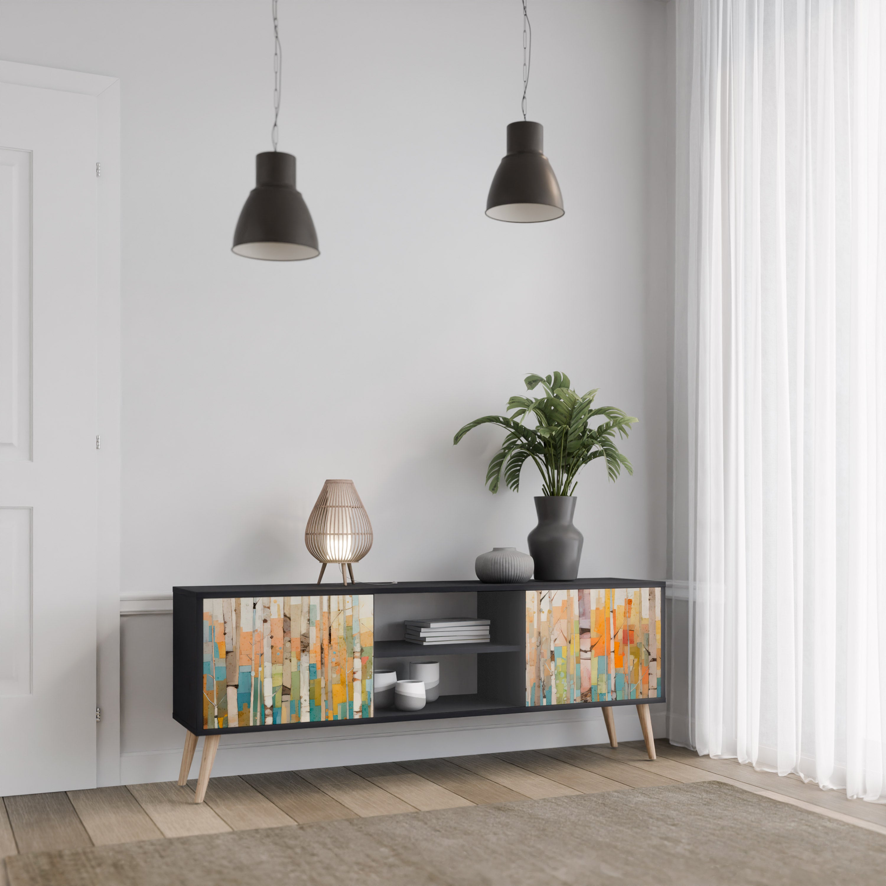 Mueble de TV de dos puertas BIRCH KALEIDOSCOPE con acabado negro