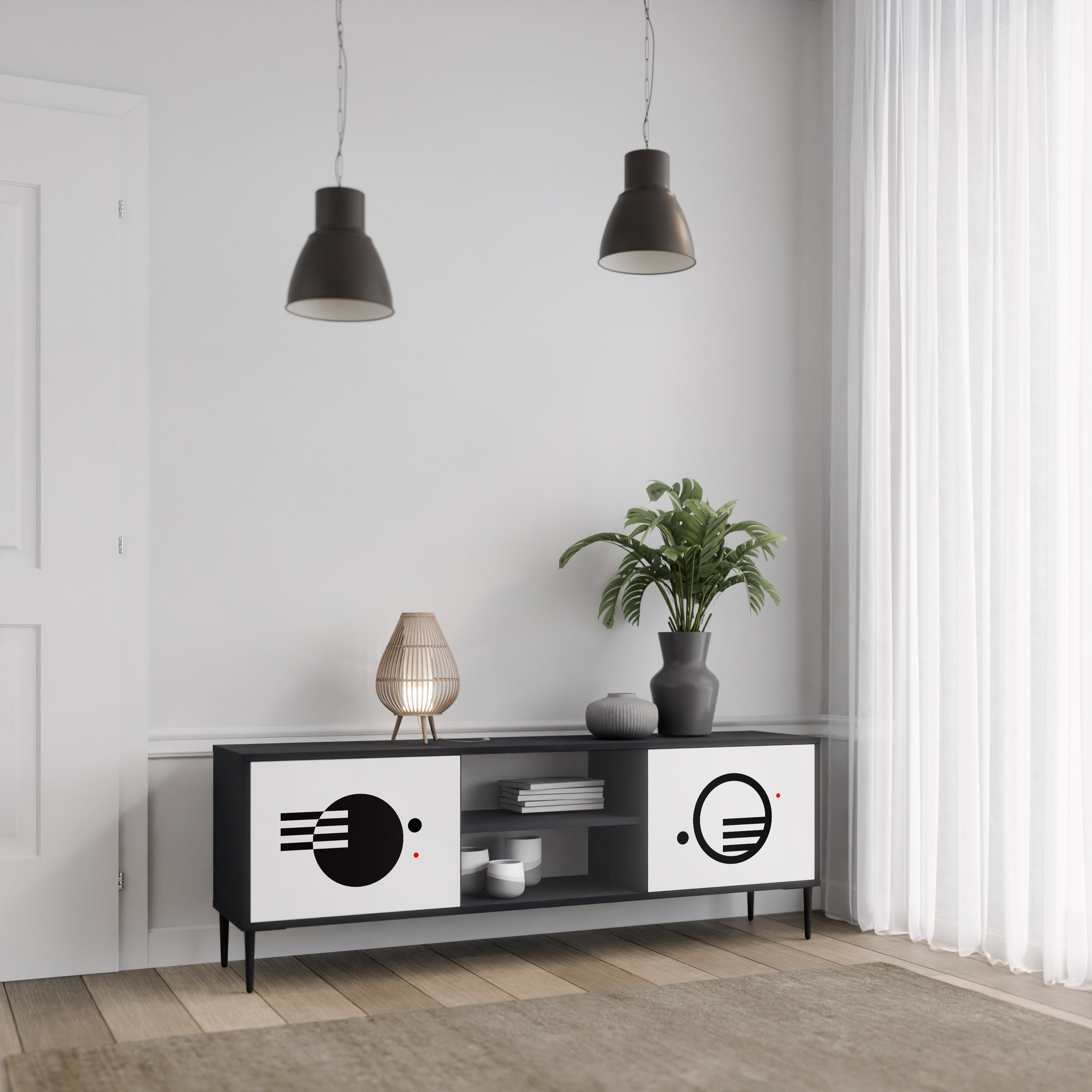 Mueble de TV de 2 puertas COMBINACIÓN BLANCO Y NEGRO con acabado negro