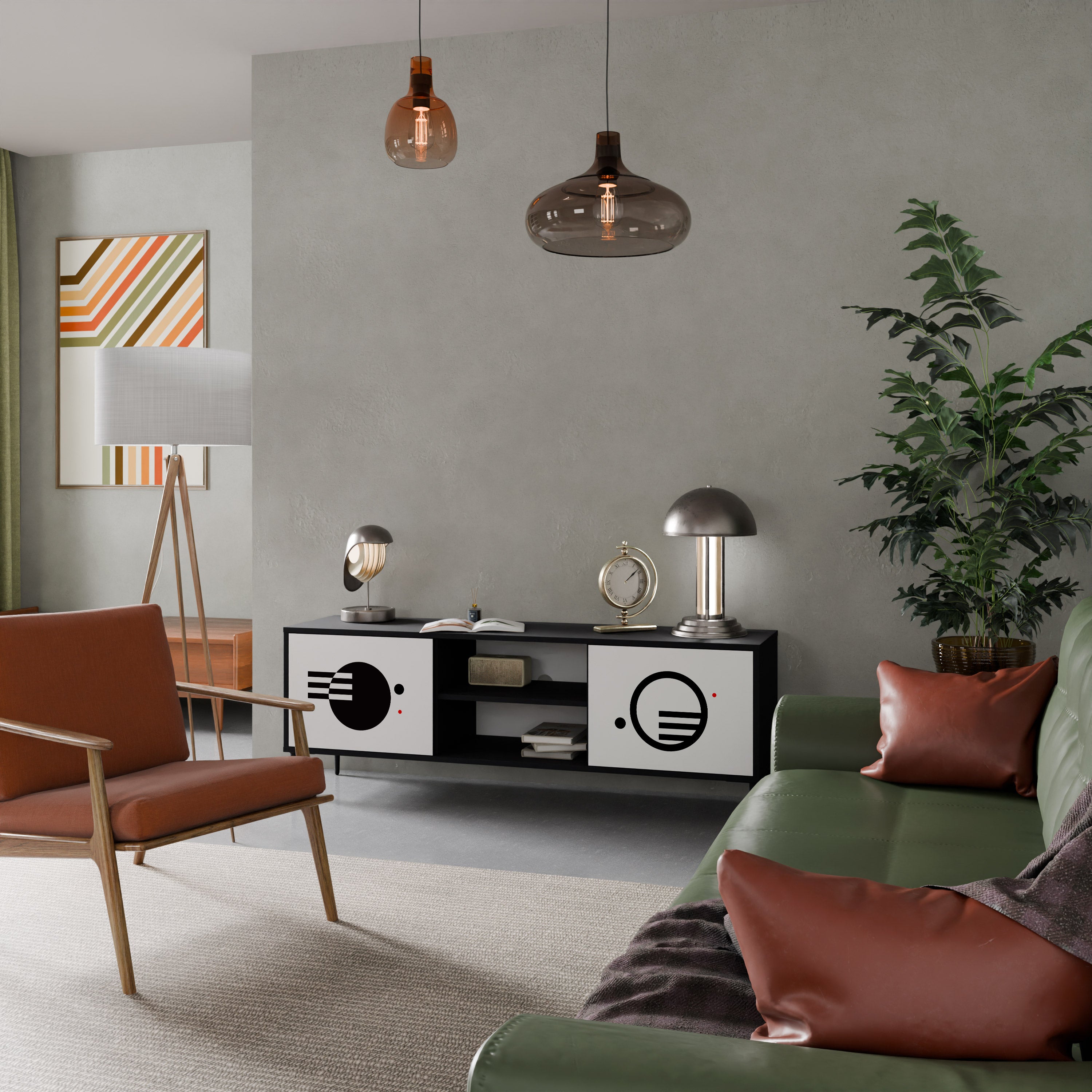 Mueble de TV de 2 puertas COMBINACIÓN BLANCO Y NEGRO con acabado negro