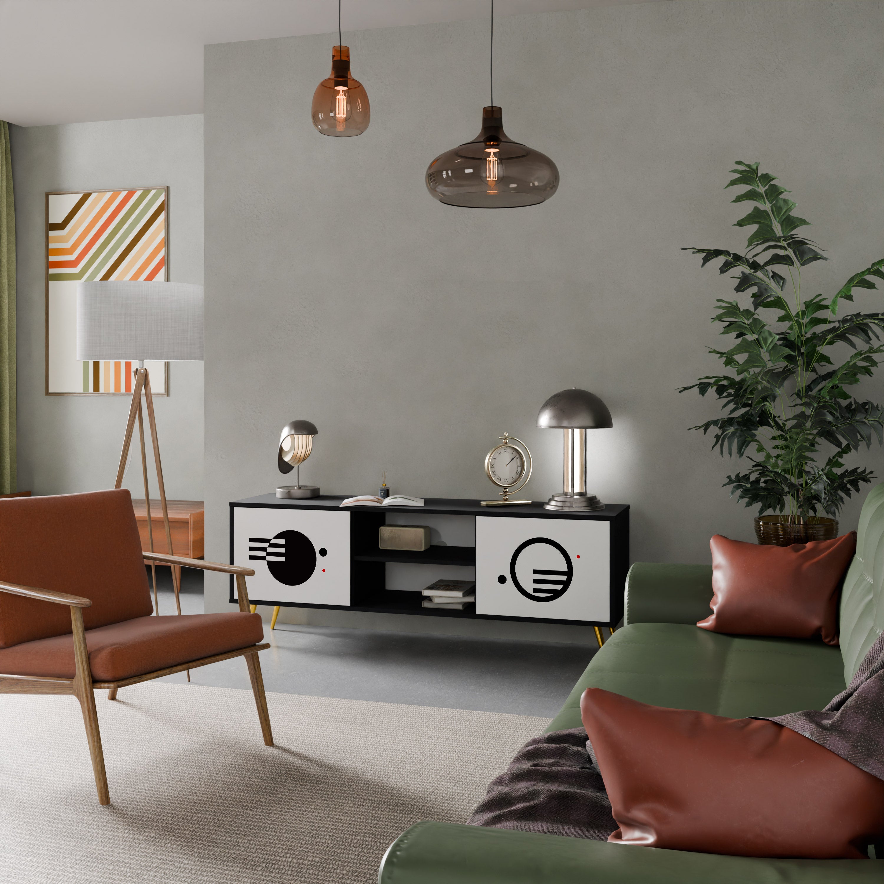 Mueble de TV de 2 puertas COMBINACIÓN BLANCO Y NEGRO con acabado negro