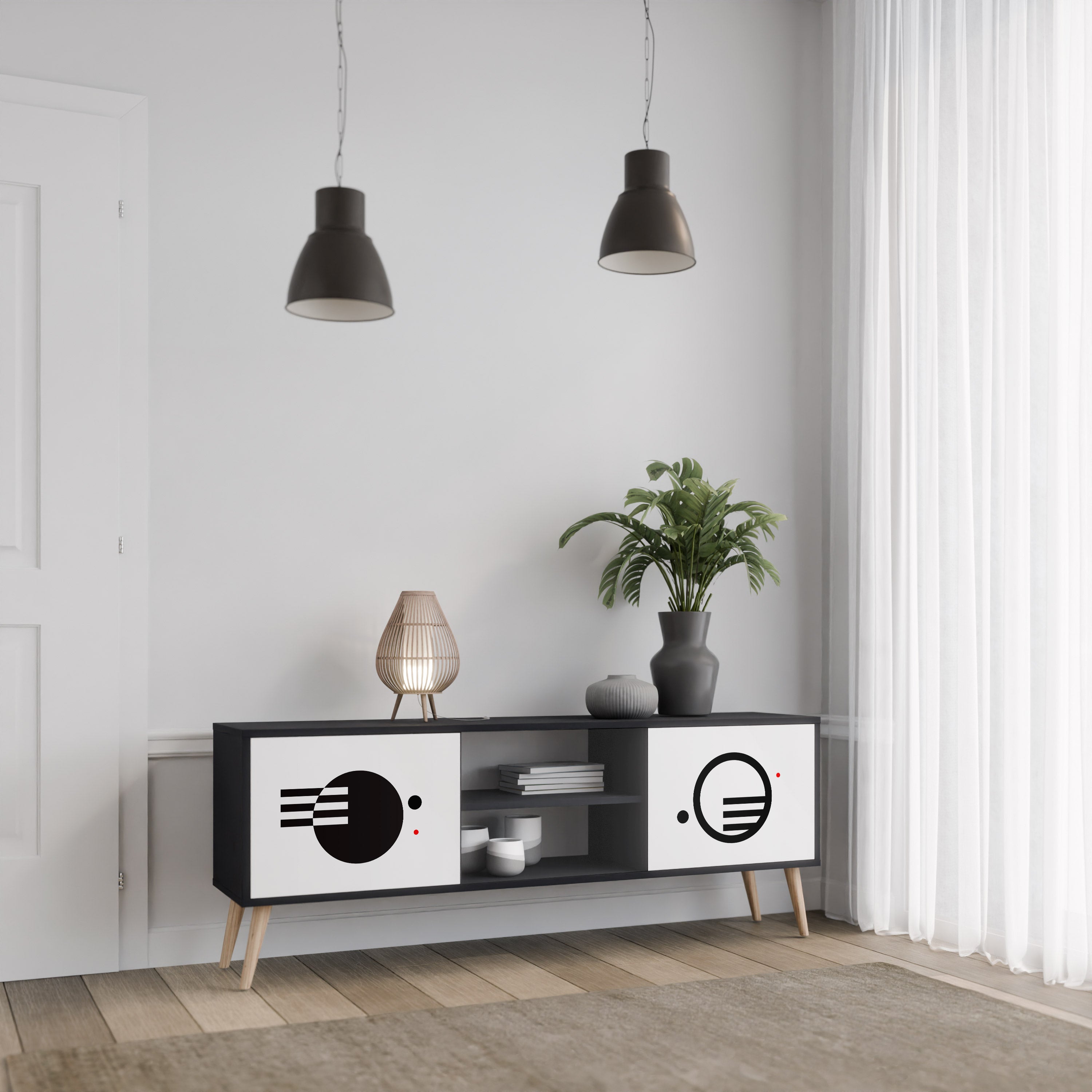 Mueble de TV de 2 puertas COMBINACIÓN BLANCO Y NEGRO con acabado negro