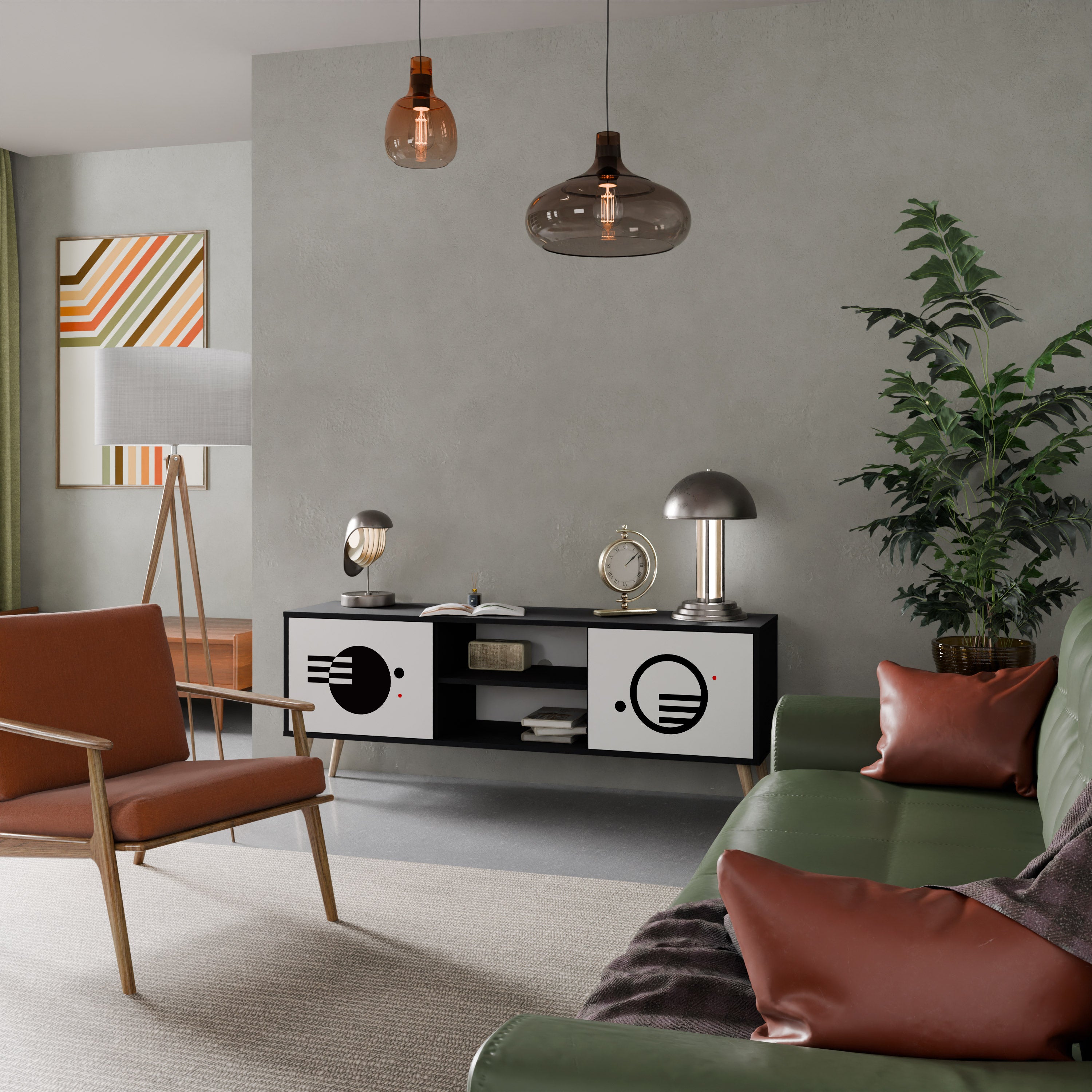Mueble de TV de 2 puertas COMBINACIÓN BLANCO Y NEGRO con acabado negro