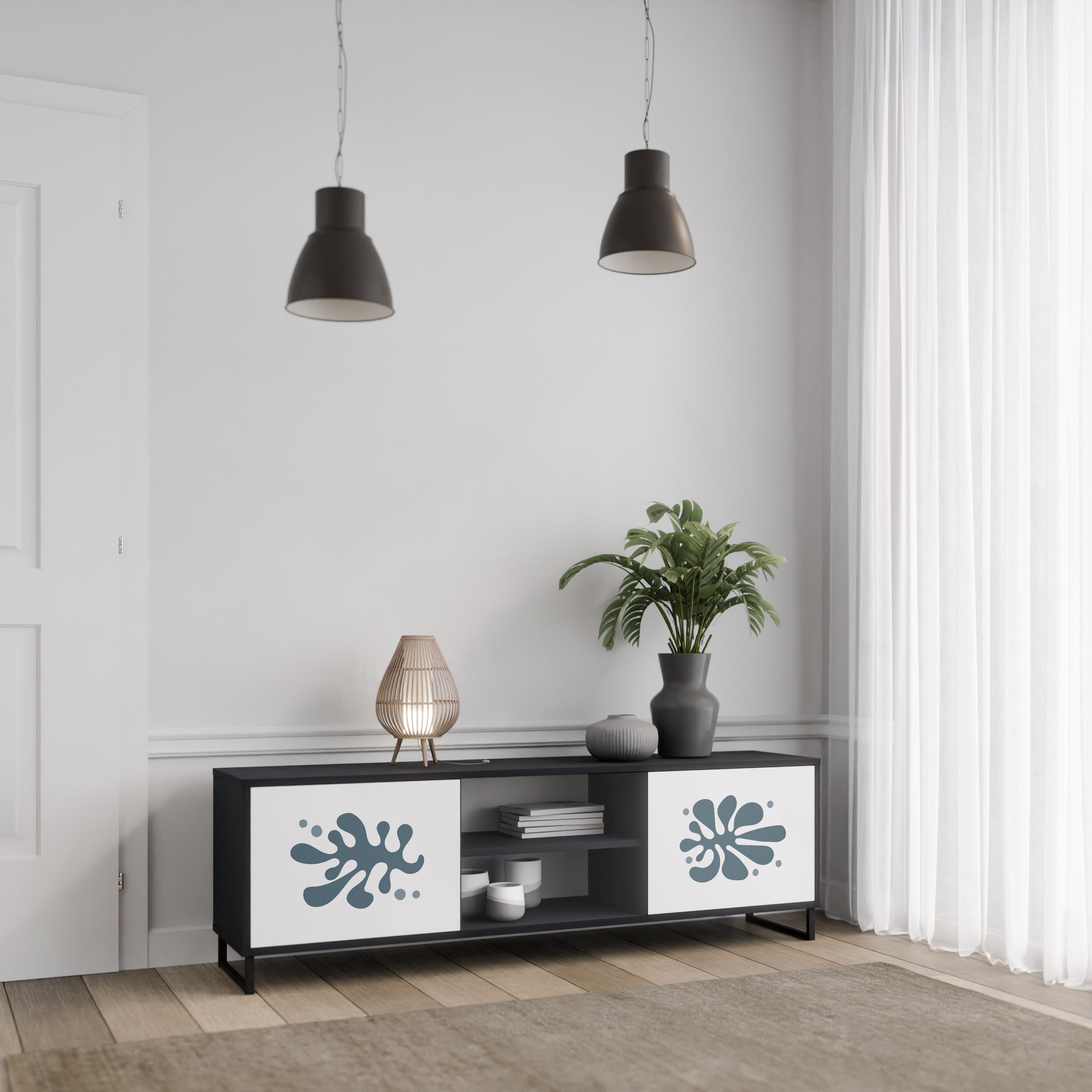 Mueble de TV de 2 puertas WONDERLAND VEGETATION en acabado negro