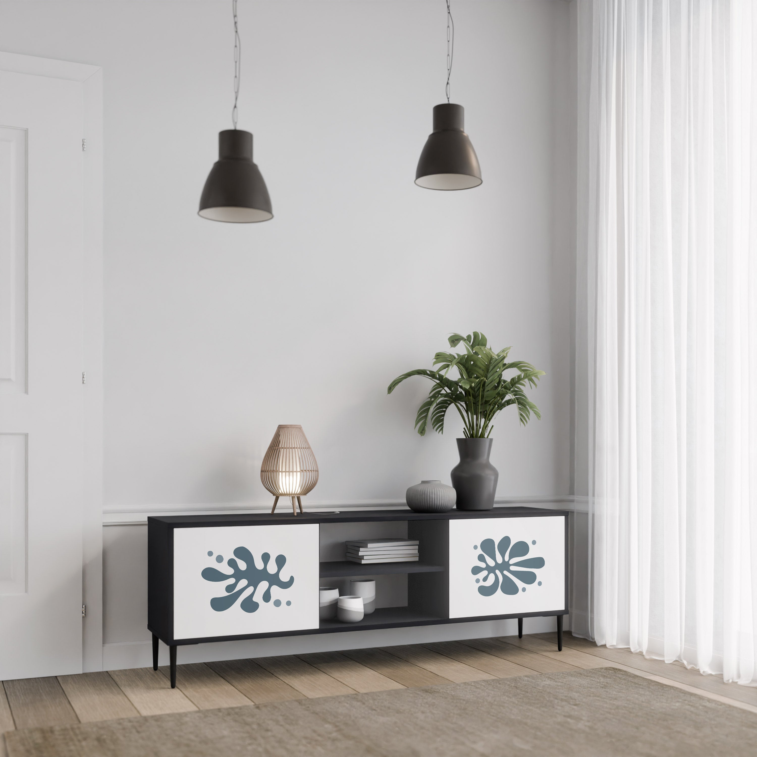 Mueble de TV de 2 puertas WONDERLAND VEGETATION en acabado negro