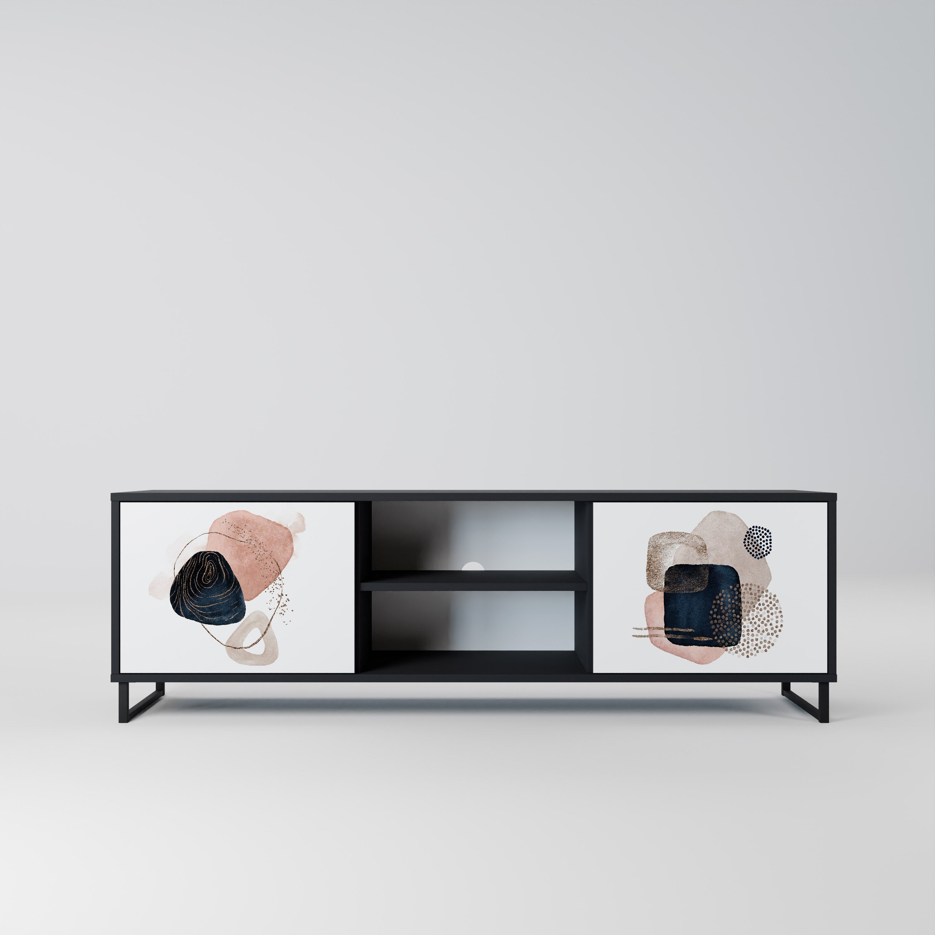Mueble de TV de 2 puertas con formas coloridas en acabado negro
