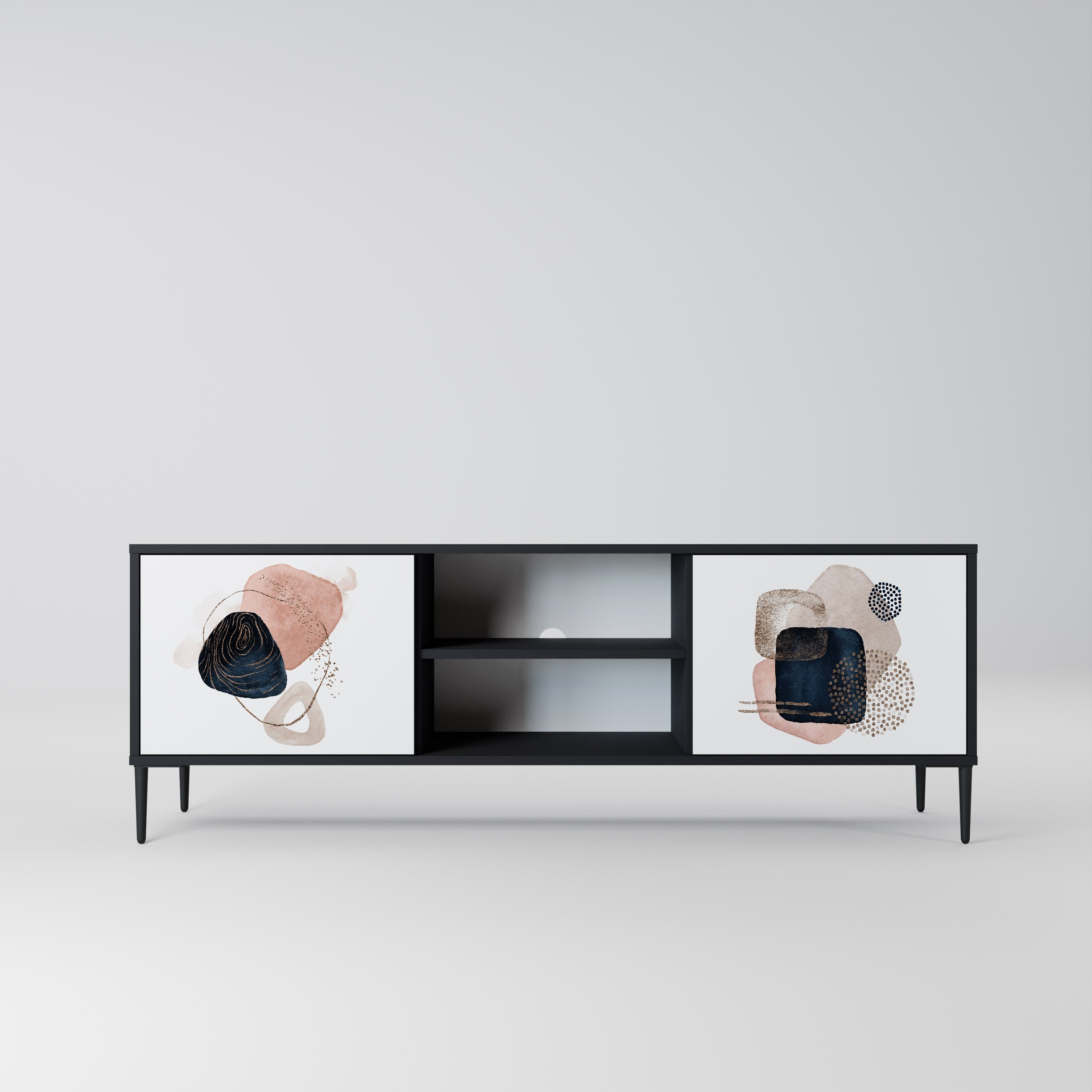 Mueble de TV de 2 puertas con formas coloridas en acabado negro