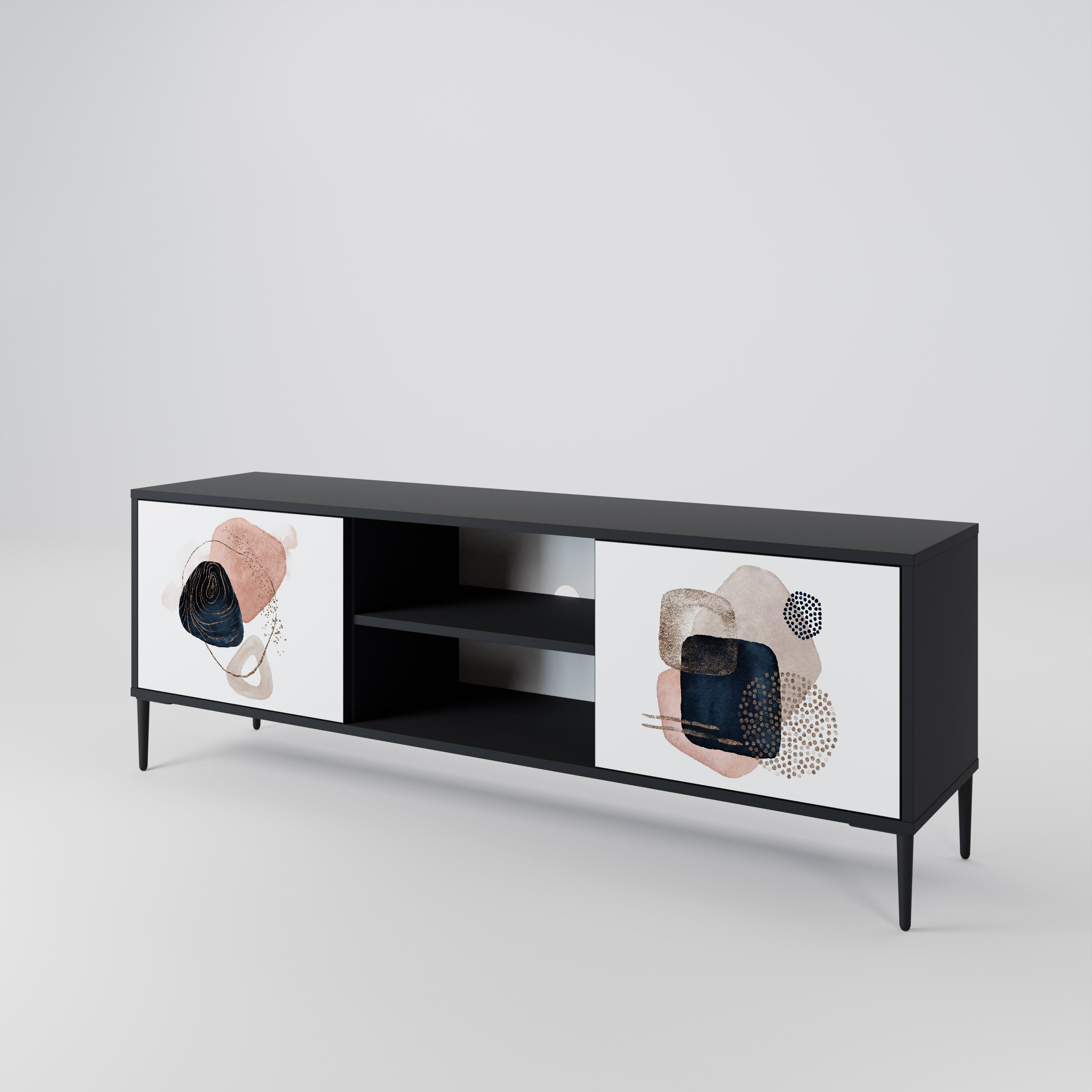 Mueble de TV de 2 puertas con formas coloridas en acabado negro