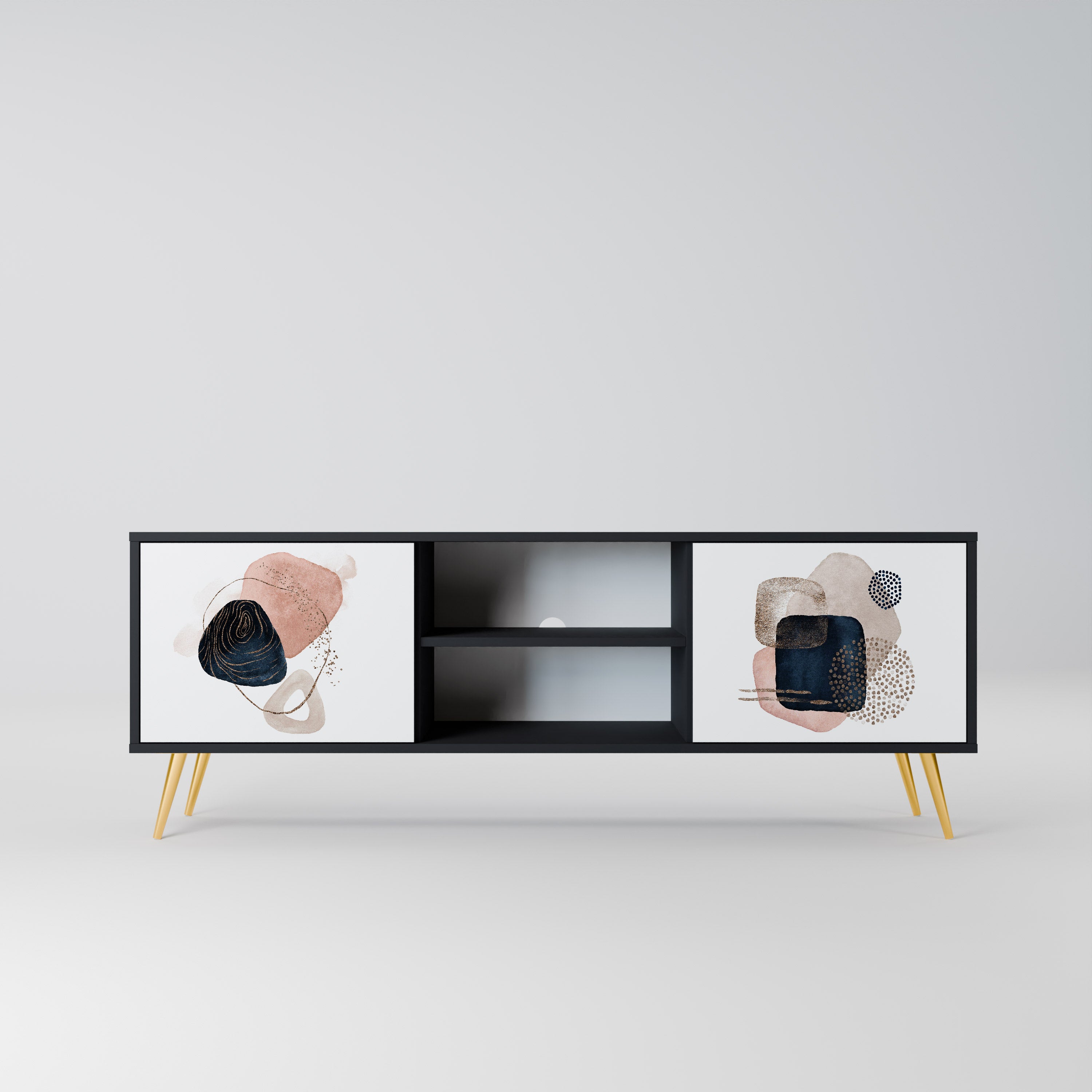 Mueble de TV de 2 puertas con formas coloridas en acabado negro