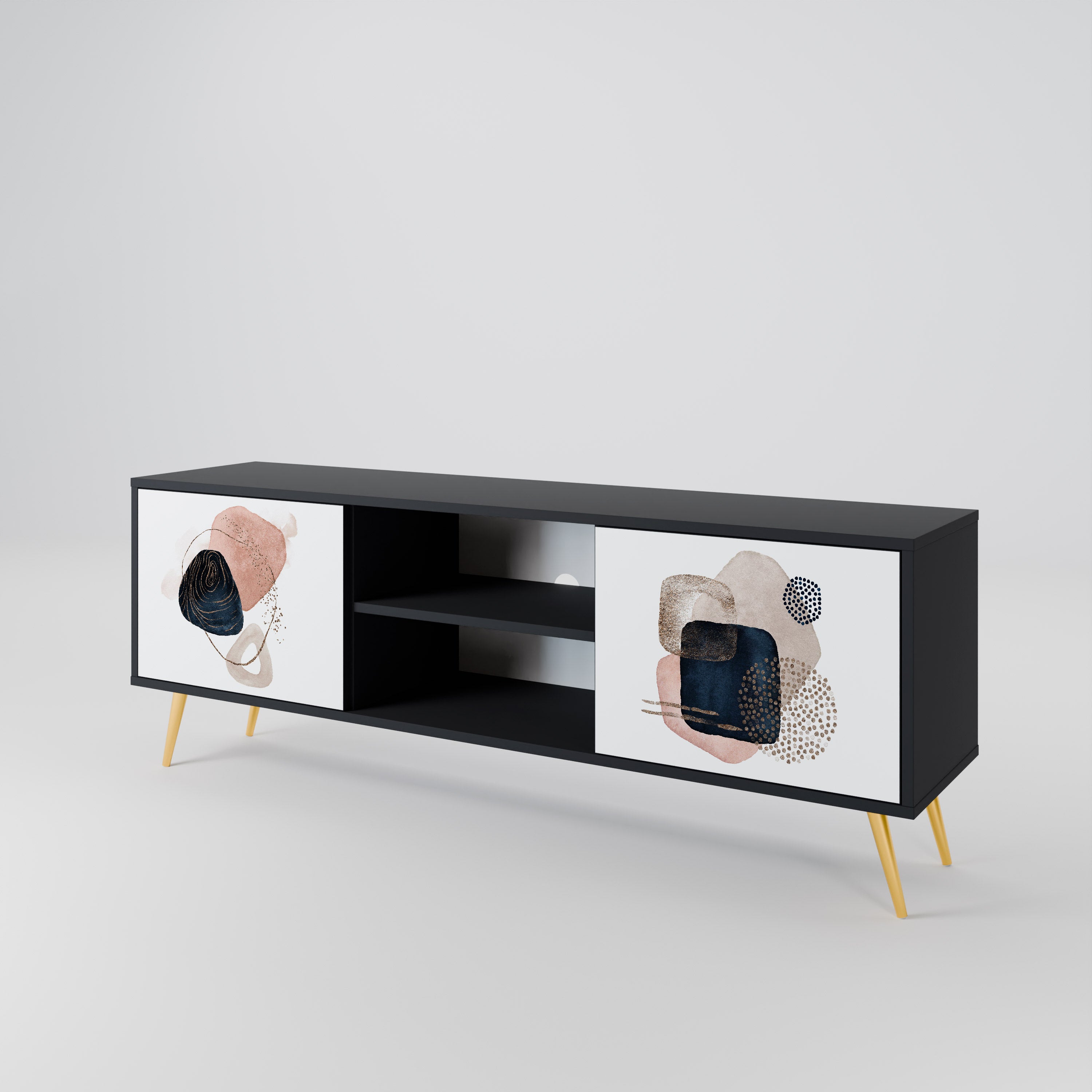 Mueble de TV de 2 puertas con formas coloridas en acabado negro