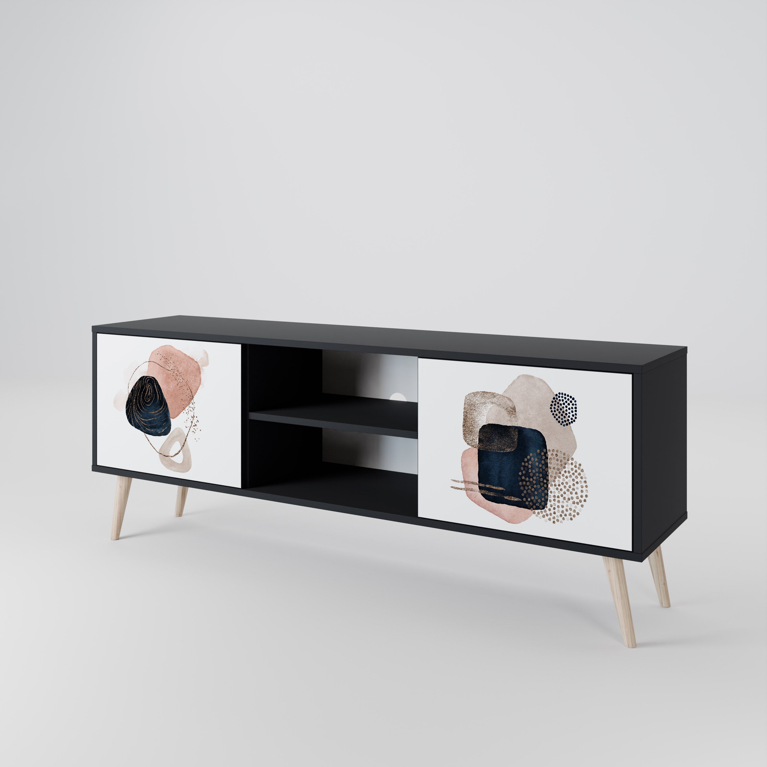 Mueble de TV de 2 puertas con formas coloridas en acabado negro