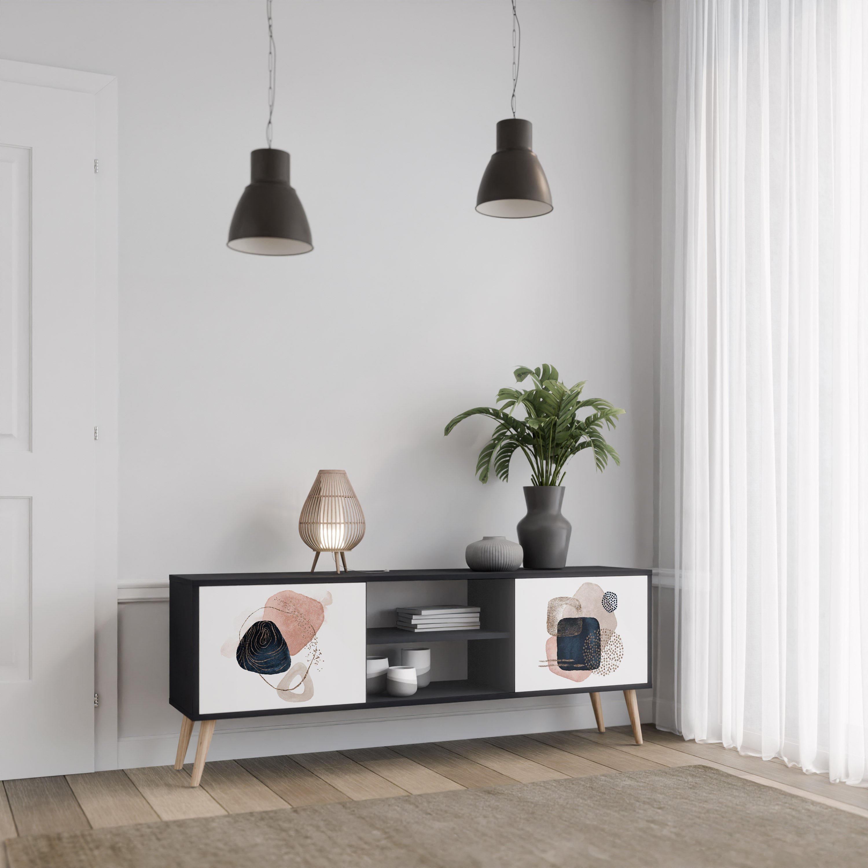 Mueble de TV de 2 puertas con formas coloridas en acabado negro
