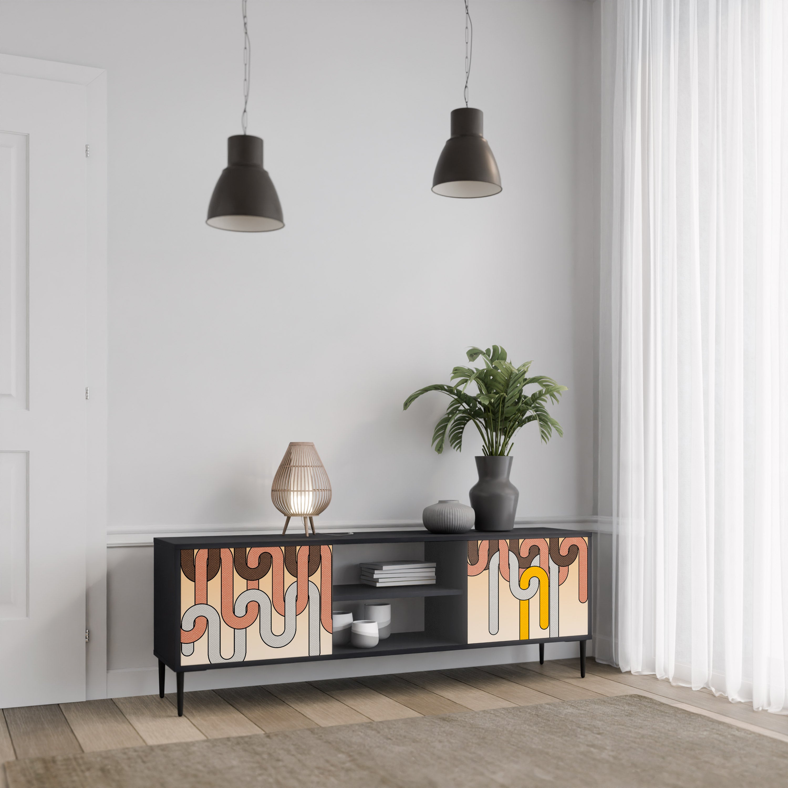 Mueble para TV de 2 puertas COLORFUL STRINGS con acabado negro
