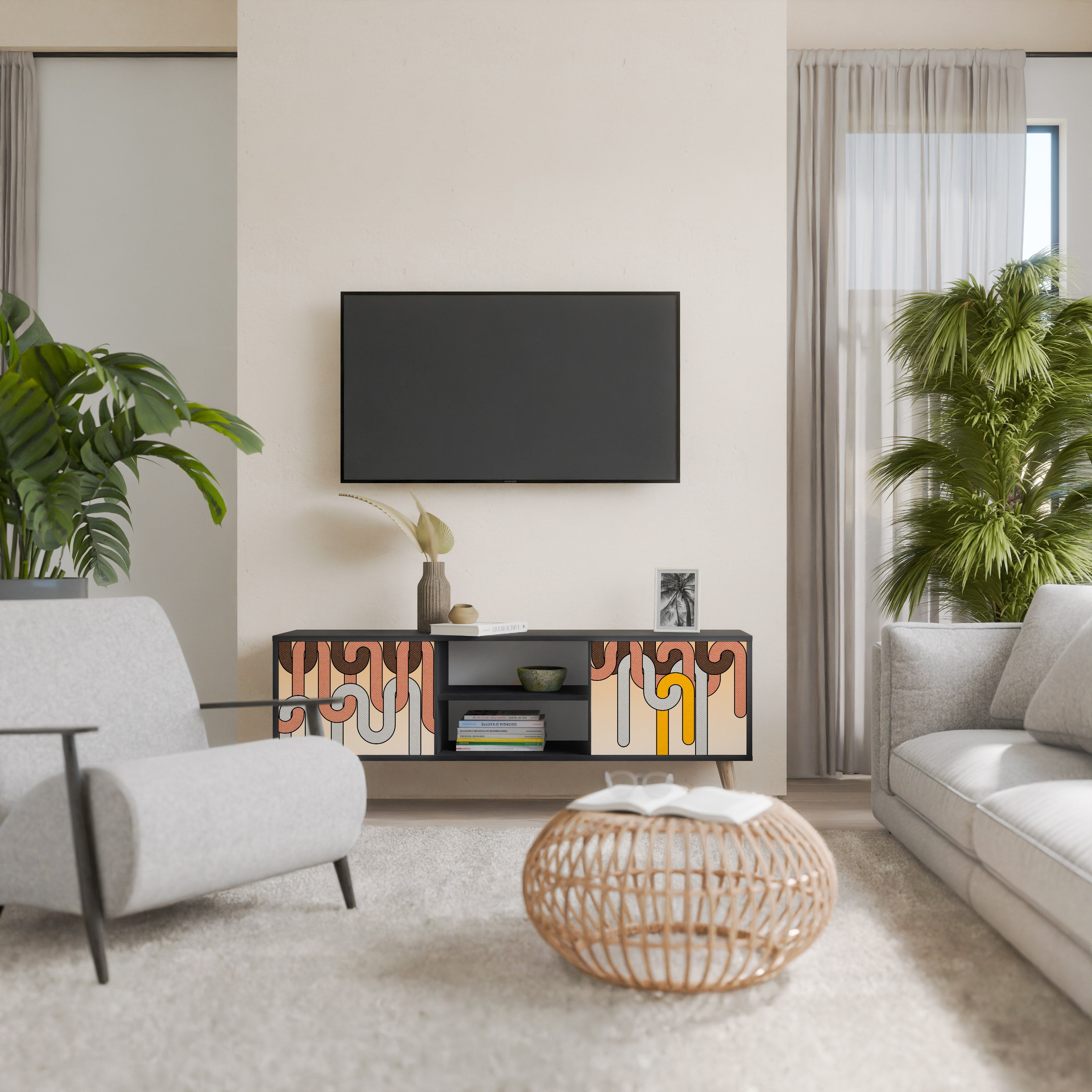 Mueble para TV de 2 puertas COLORFUL STRINGS con acabado negro