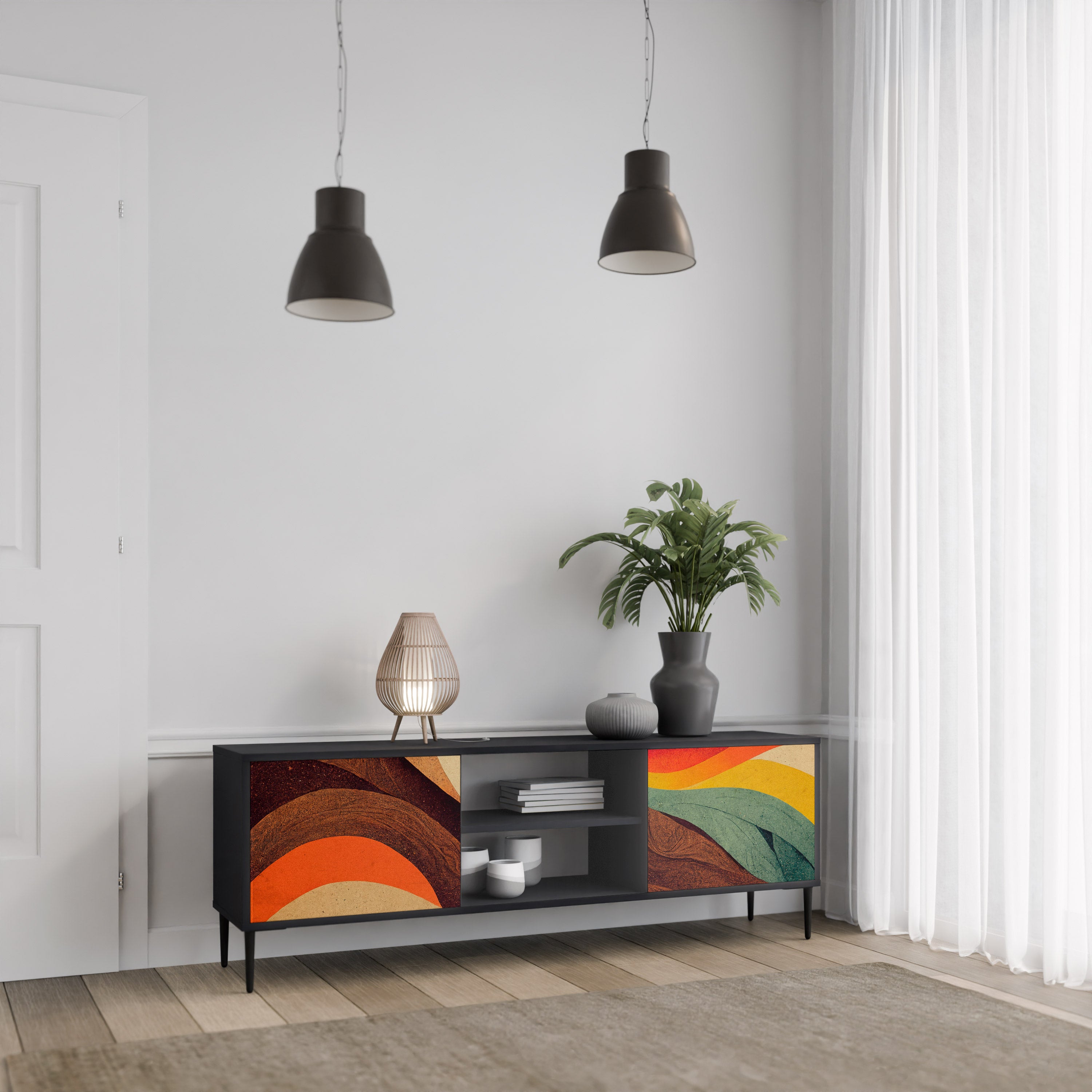 Mueble de TV de 2 puertas COLORFUL STRANDS en acabado negro
