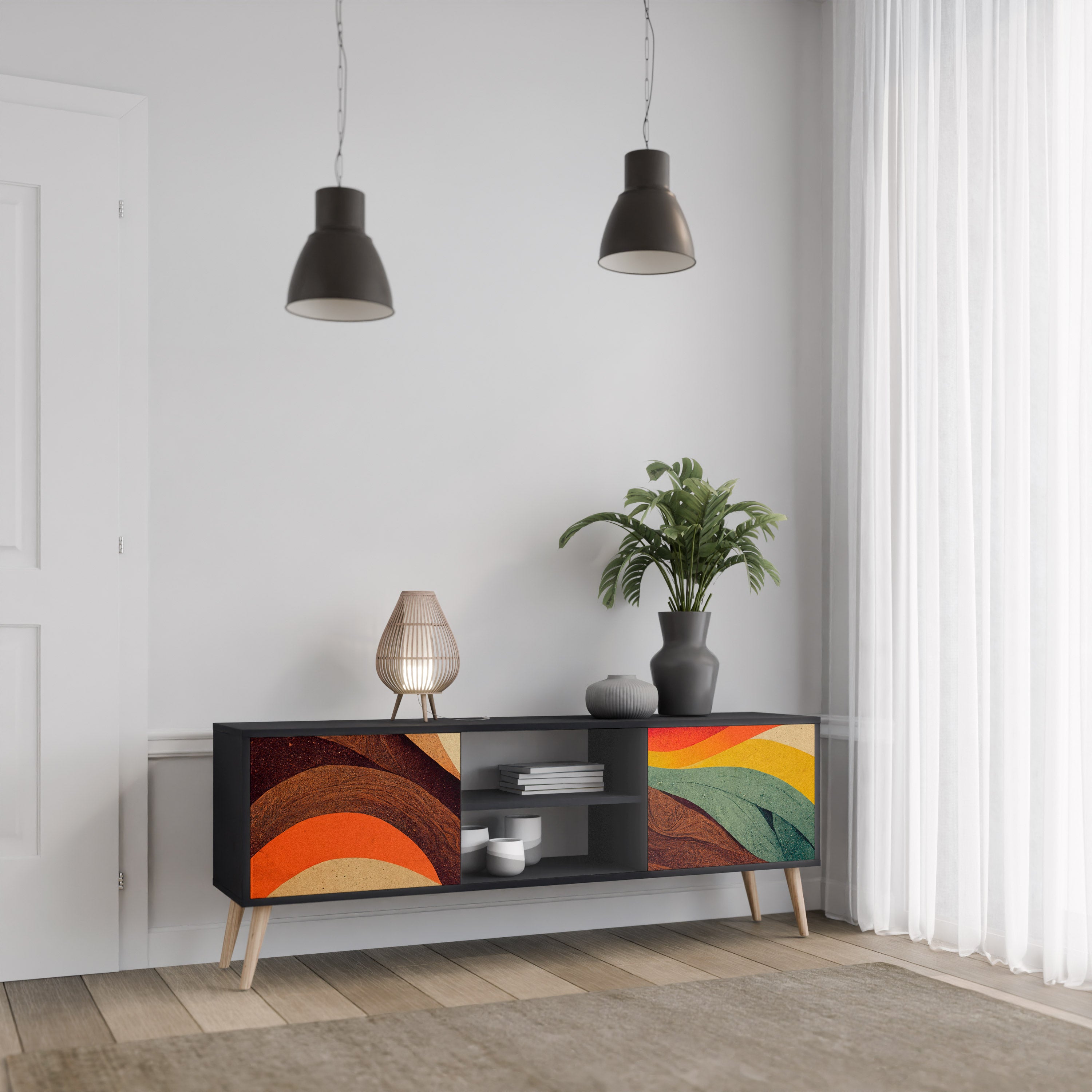 Mueble de TV de 2 puertas COLORFUL STRANDS en acabado negro