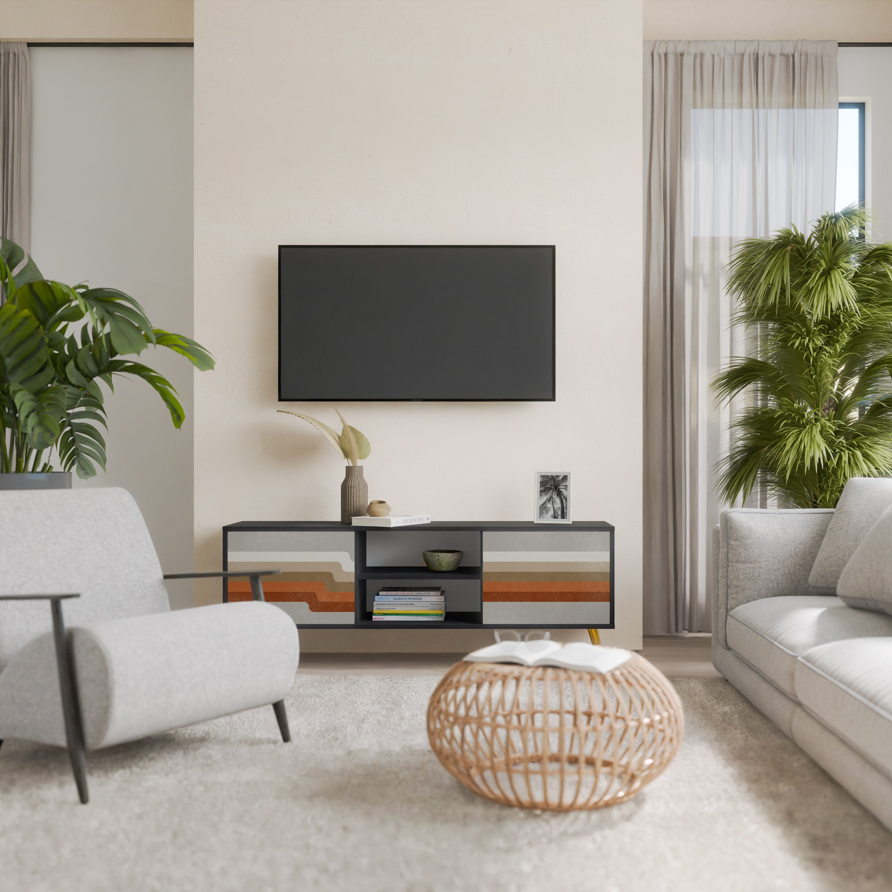 Mueble de TV PECULIAR TRAIL de 2 puertas con acabado negro