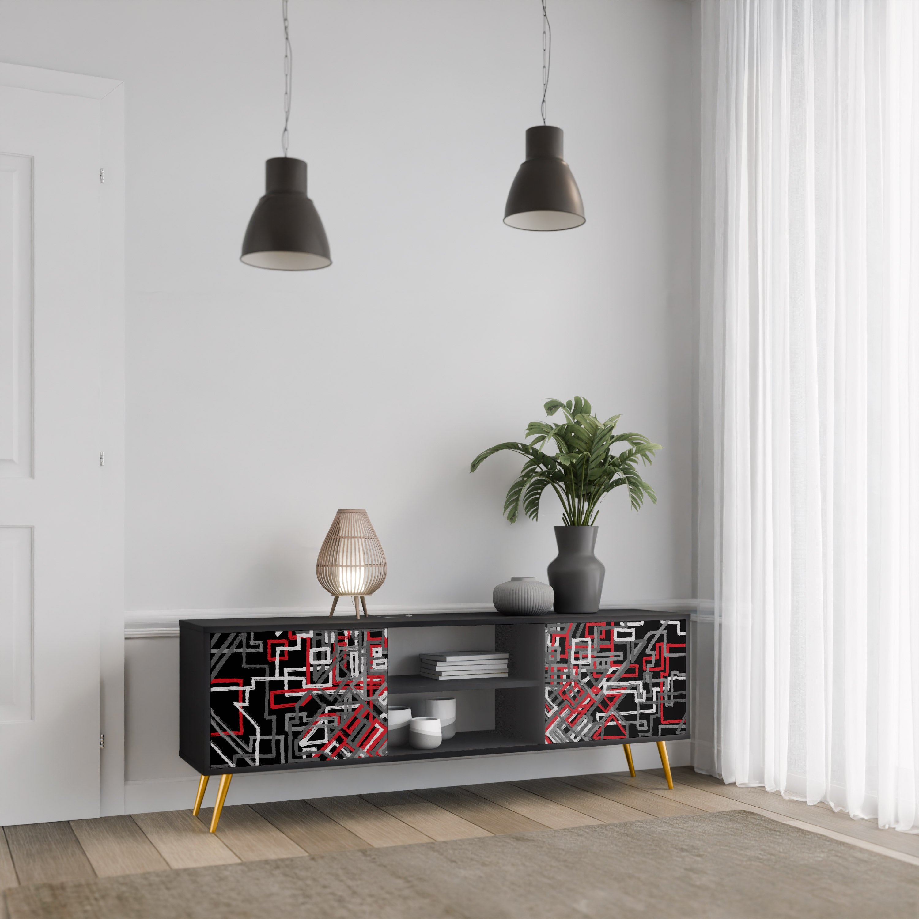 Mueble de TV de 2 puertas BROKEN LINES en acabado negro