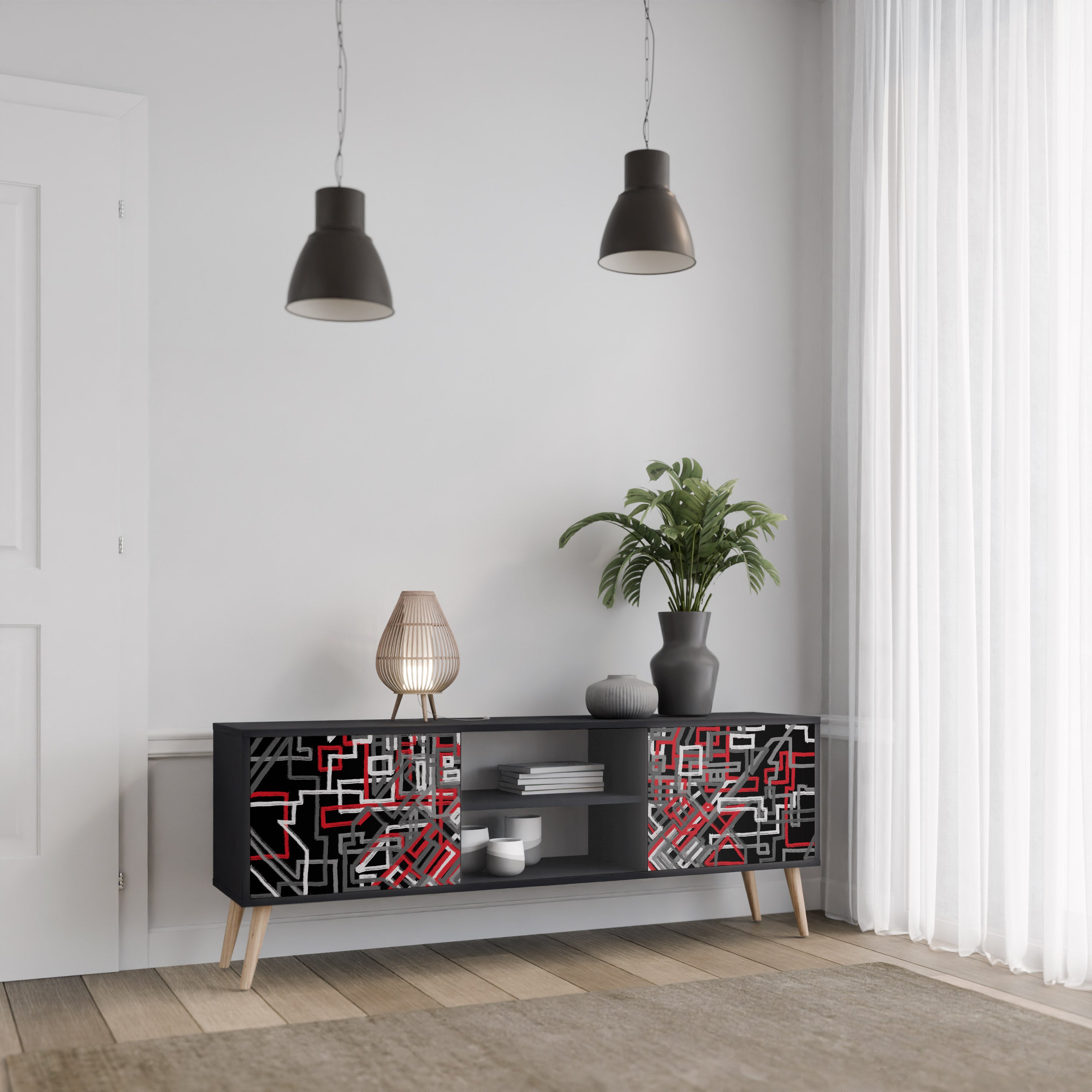 Mueble de TV de 2 puertas BROKEN LINES en acabado negro