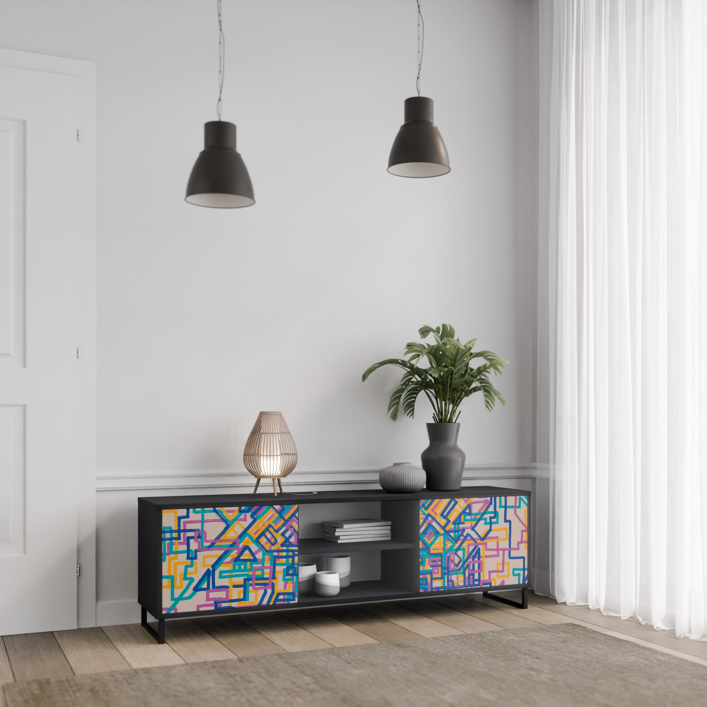 Mueble de TV de 2 puertas MEMORIES MAP en acabado negro