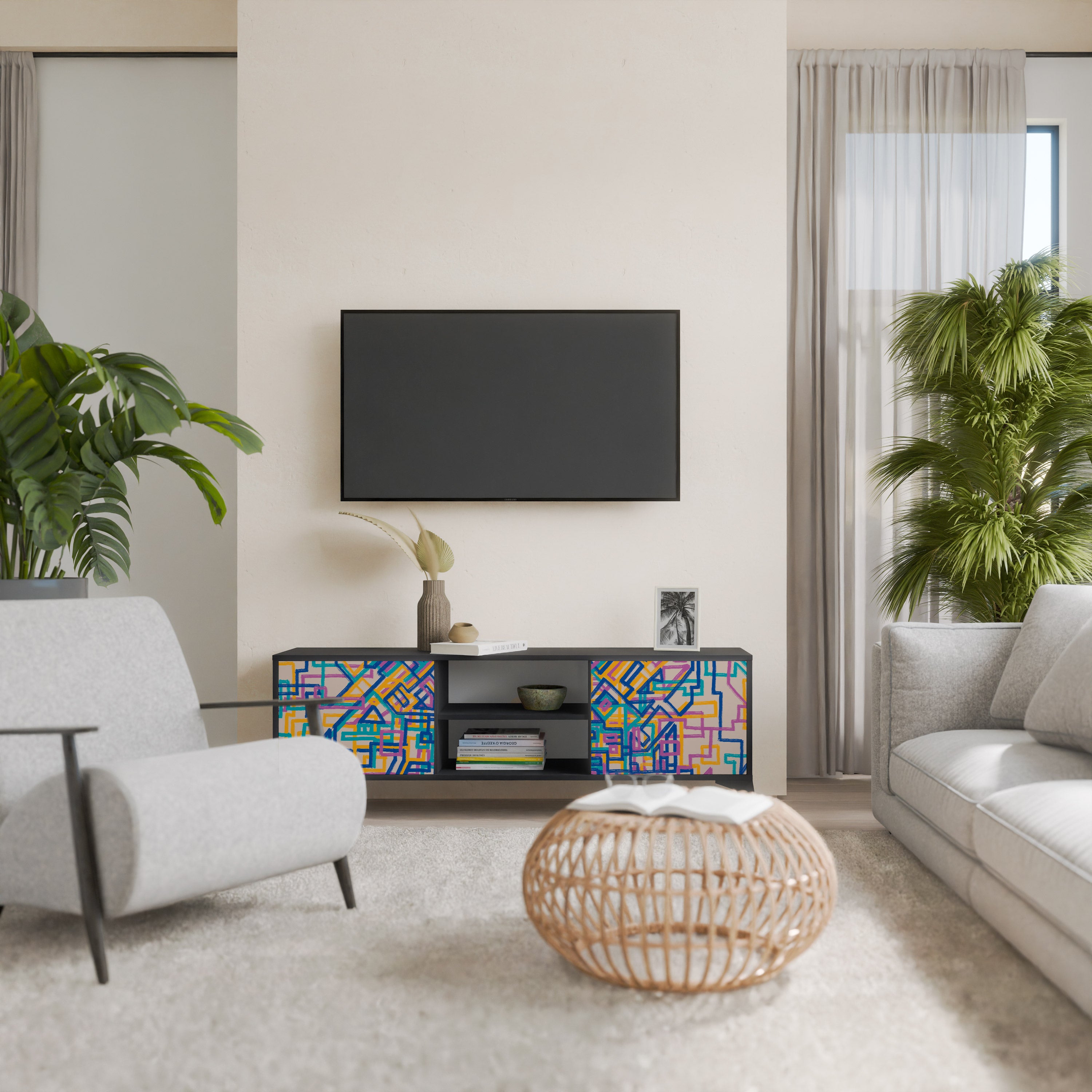 Mueble de TV de 2 puertas MEMORIES MAP en acabado negro