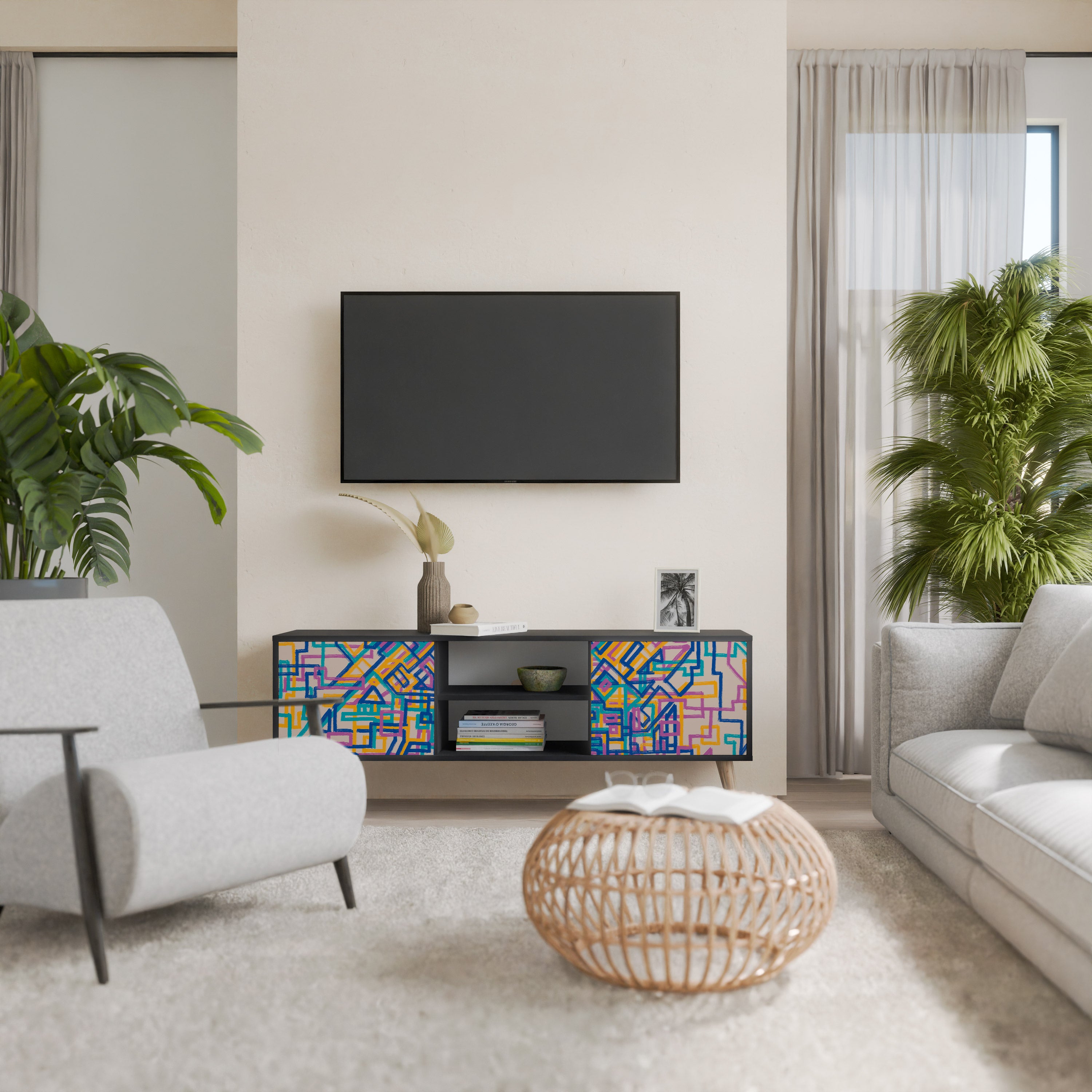 Mueble de TV de 2 puertas MEMORIES MAP en acabado negro