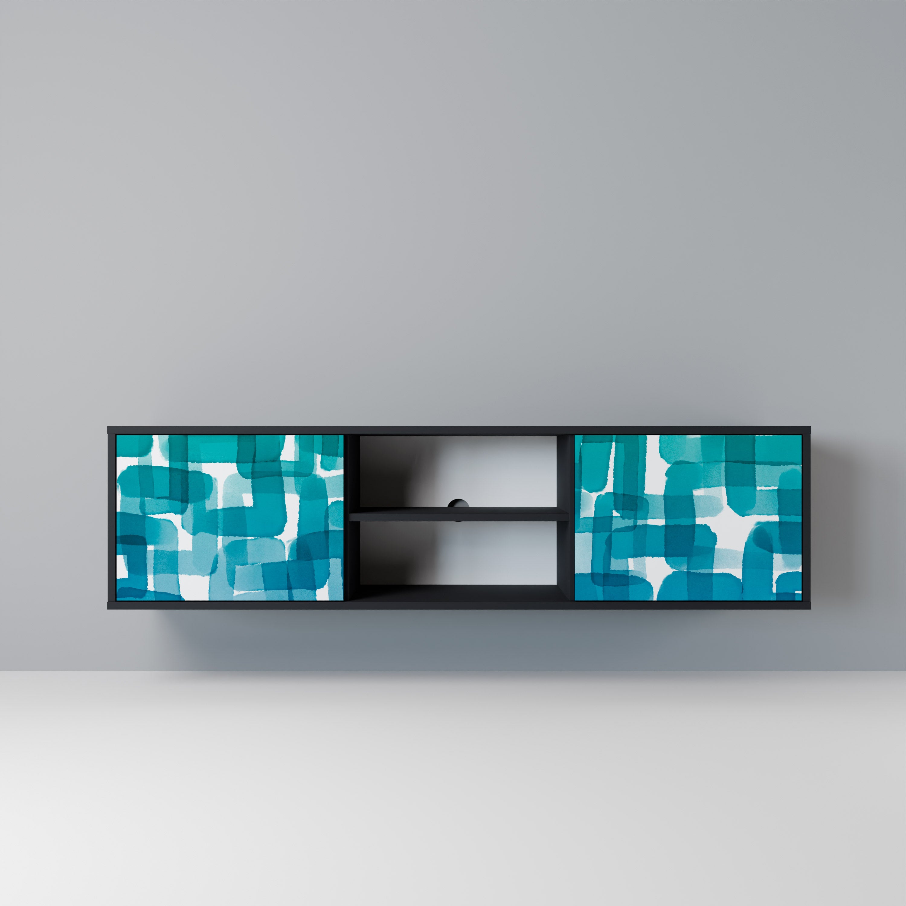 Mueble de TV de 2 puertas con rectángulos turquesas en acabado negro