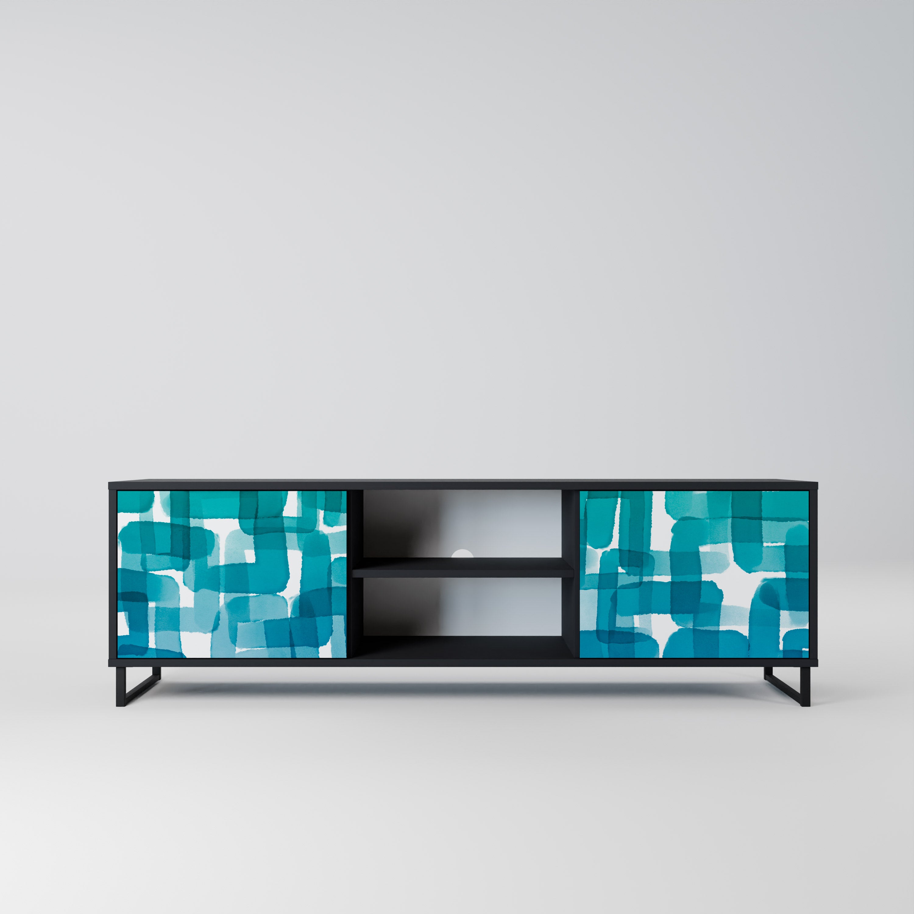 Mueble de TV de 2 puertas con rectángulos turquesas en acabado negro