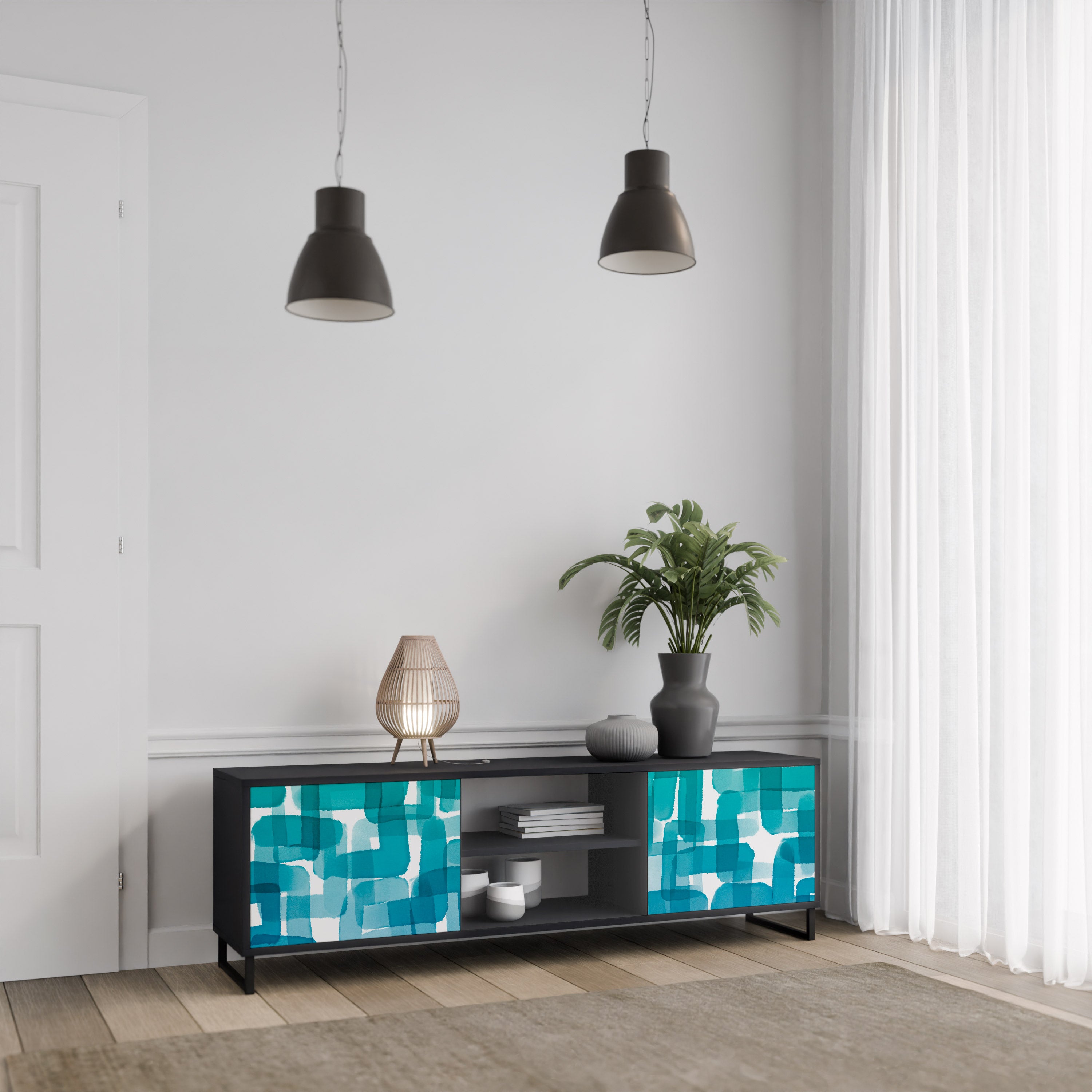 Mueble de TV de 2 puertas con rectángulos turquesas en acabado negro