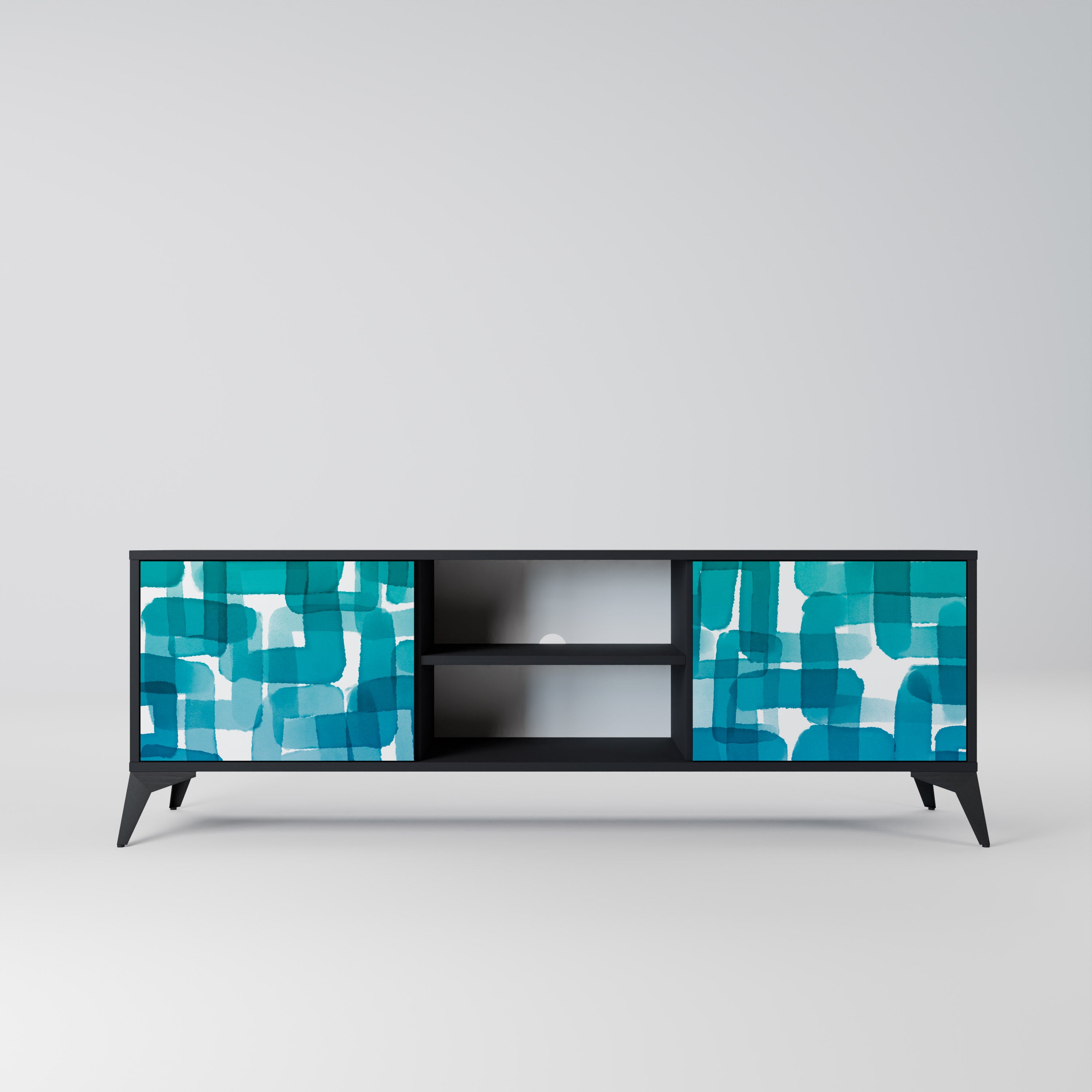 Mueble de TV de 2 puertas con rectángulos turquesas en acabado negro