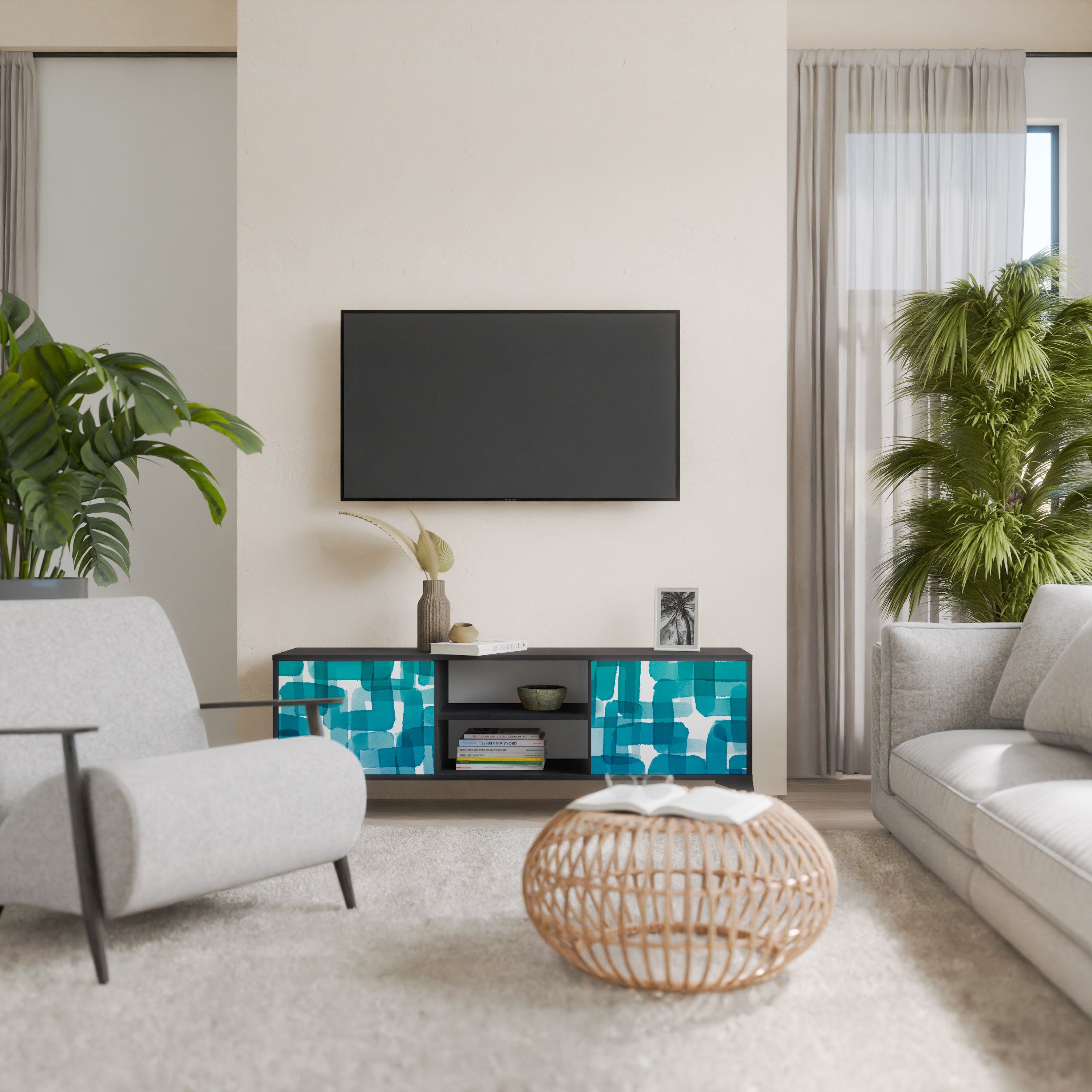 Mueble de TV de 2 puertas con rectángulos turquesas en acabado negro