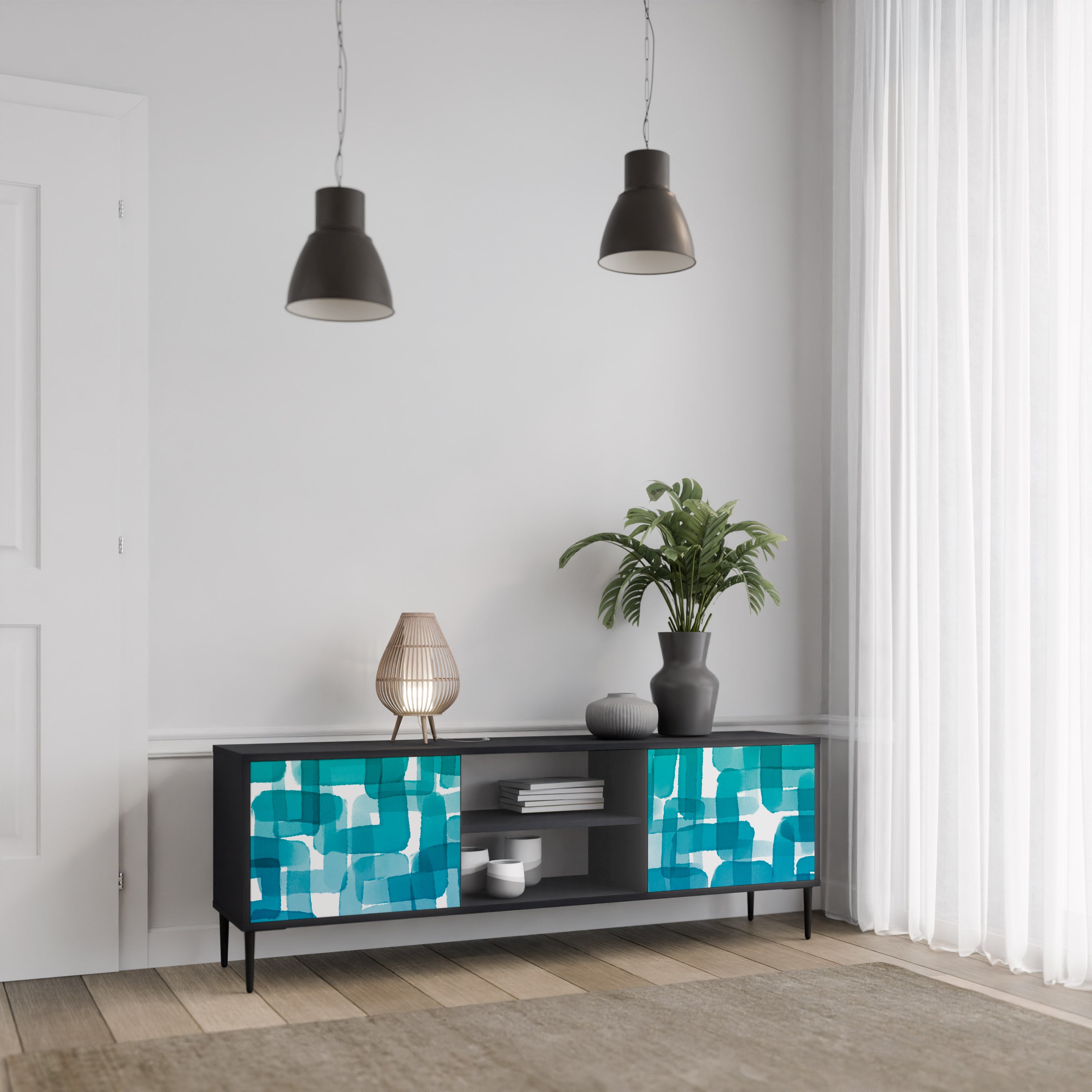 Mueble de TV de 2 puertas con rectángulos turquesas en acabado negro