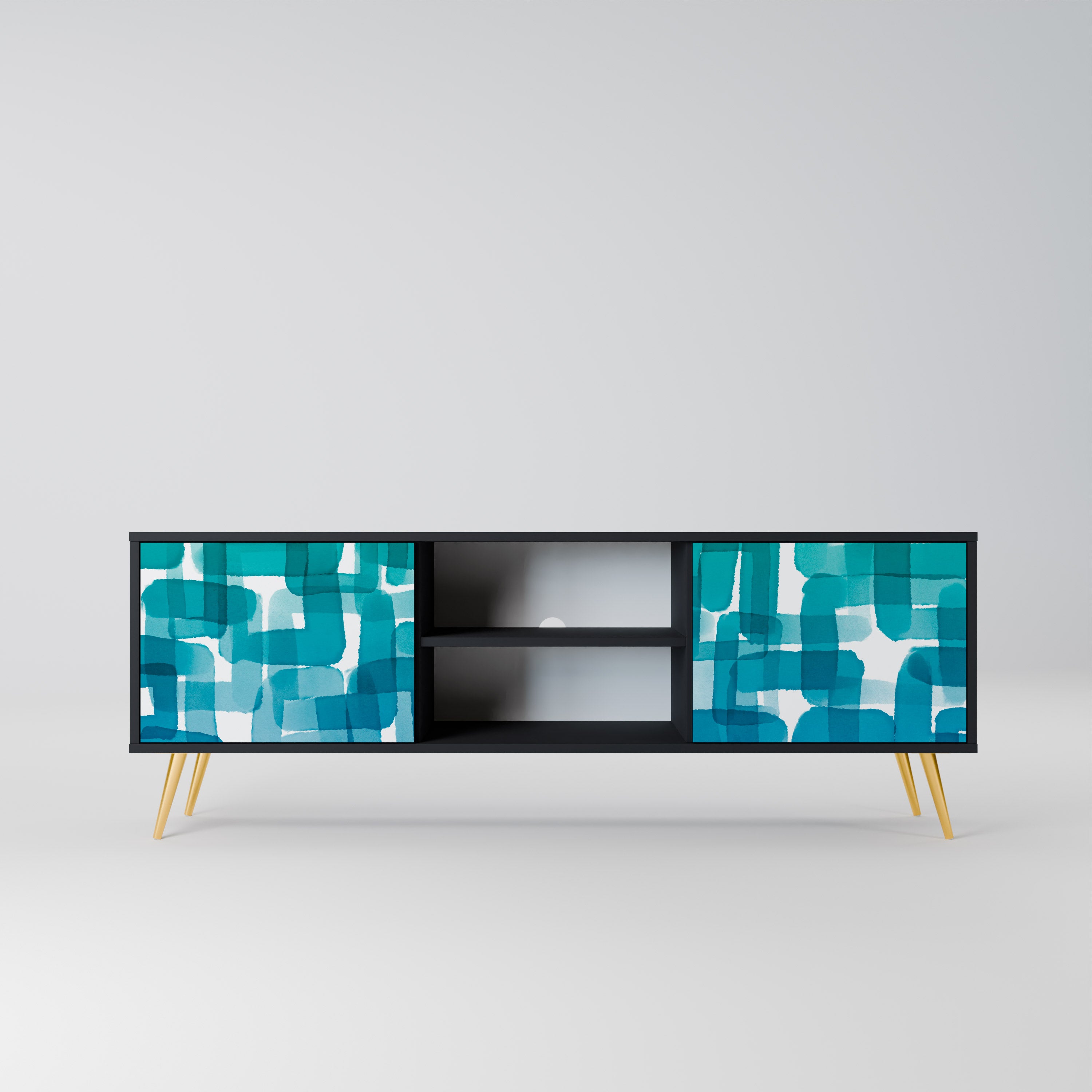 Mueble de TV de 2 puertas con rectángulos turquesas en acabado negro
