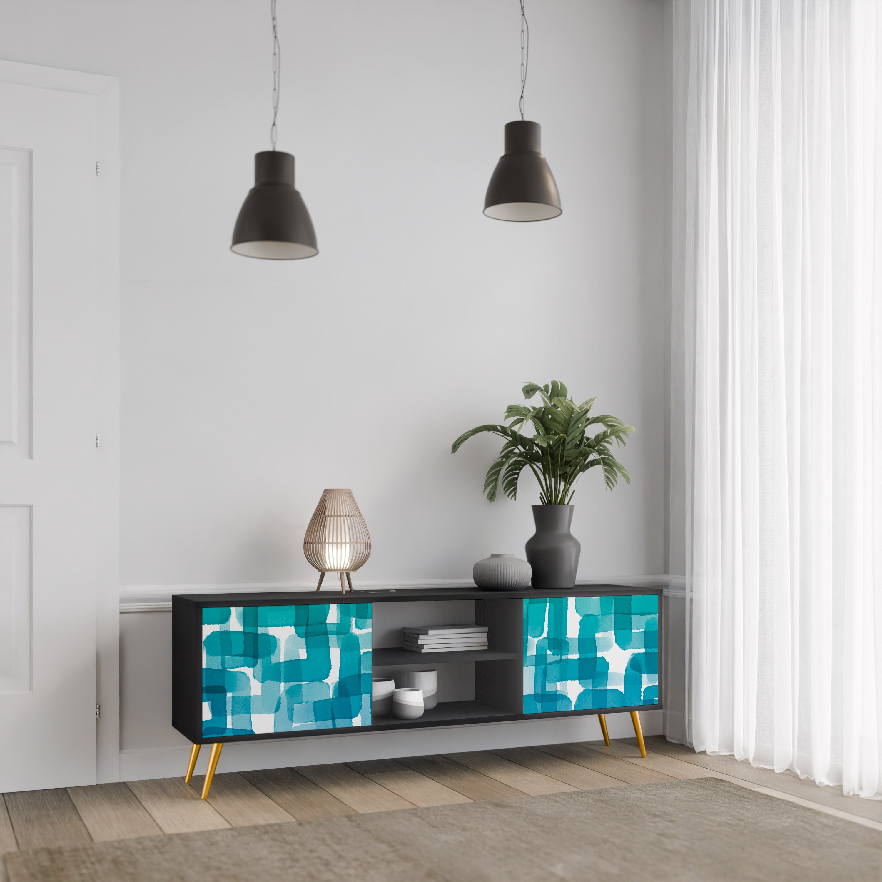 Mueble de TV de 2 puertas con rectángulos turquesas en acabado negro