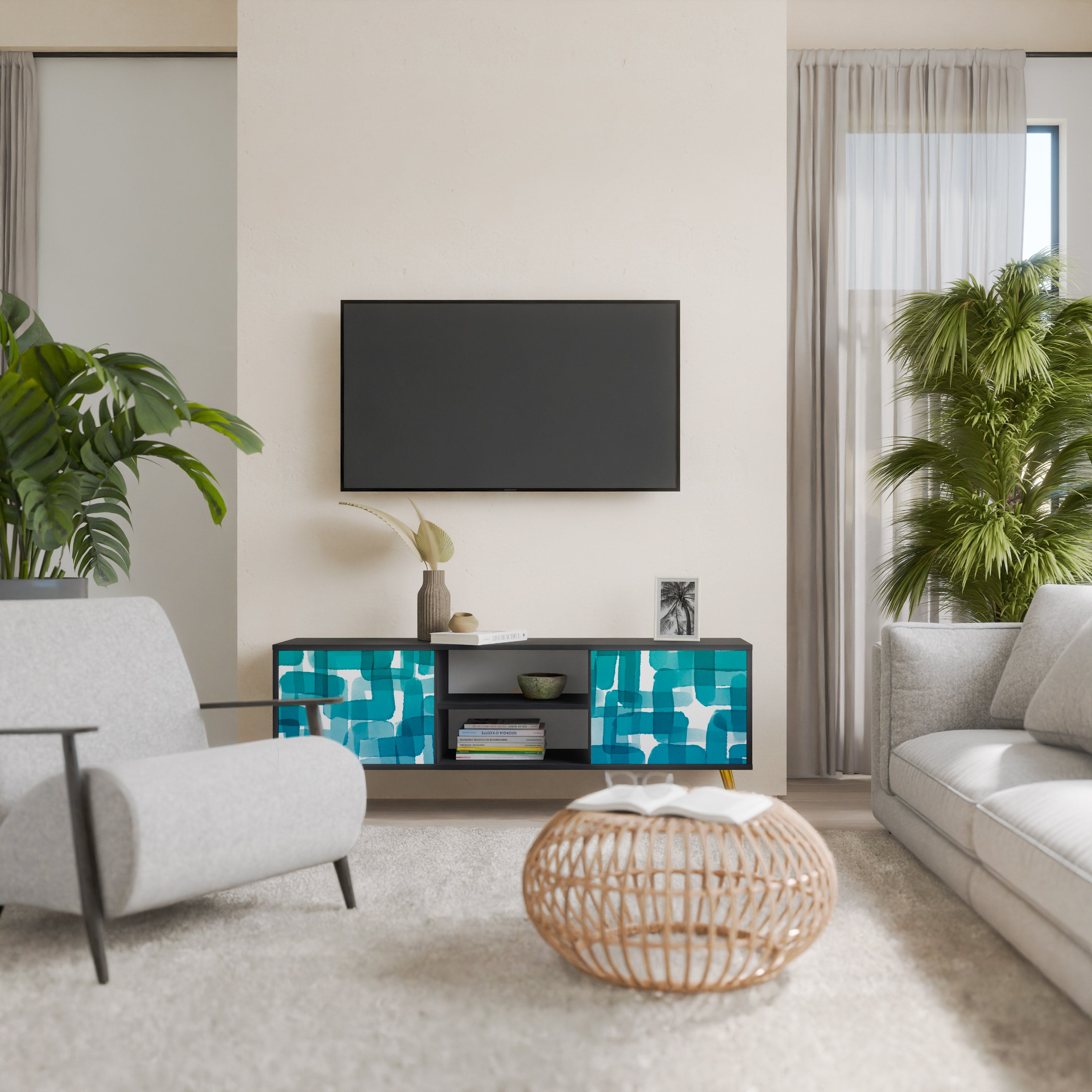 Mueble de TV de 2 puertas con rectángulos turquesas en acabado negro