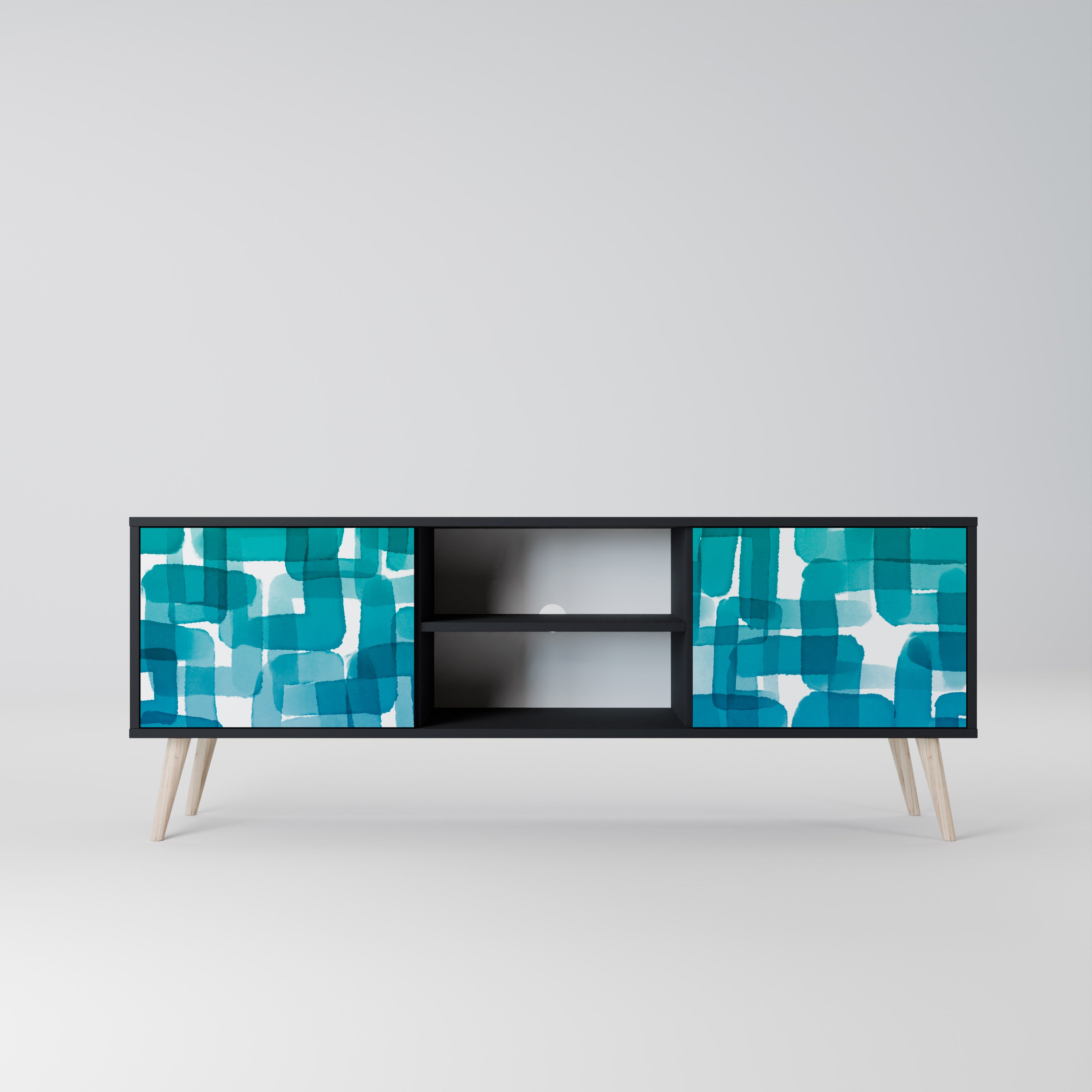 Mueble de TV de 2 puertas con rectángulos turquesas en acabado negro