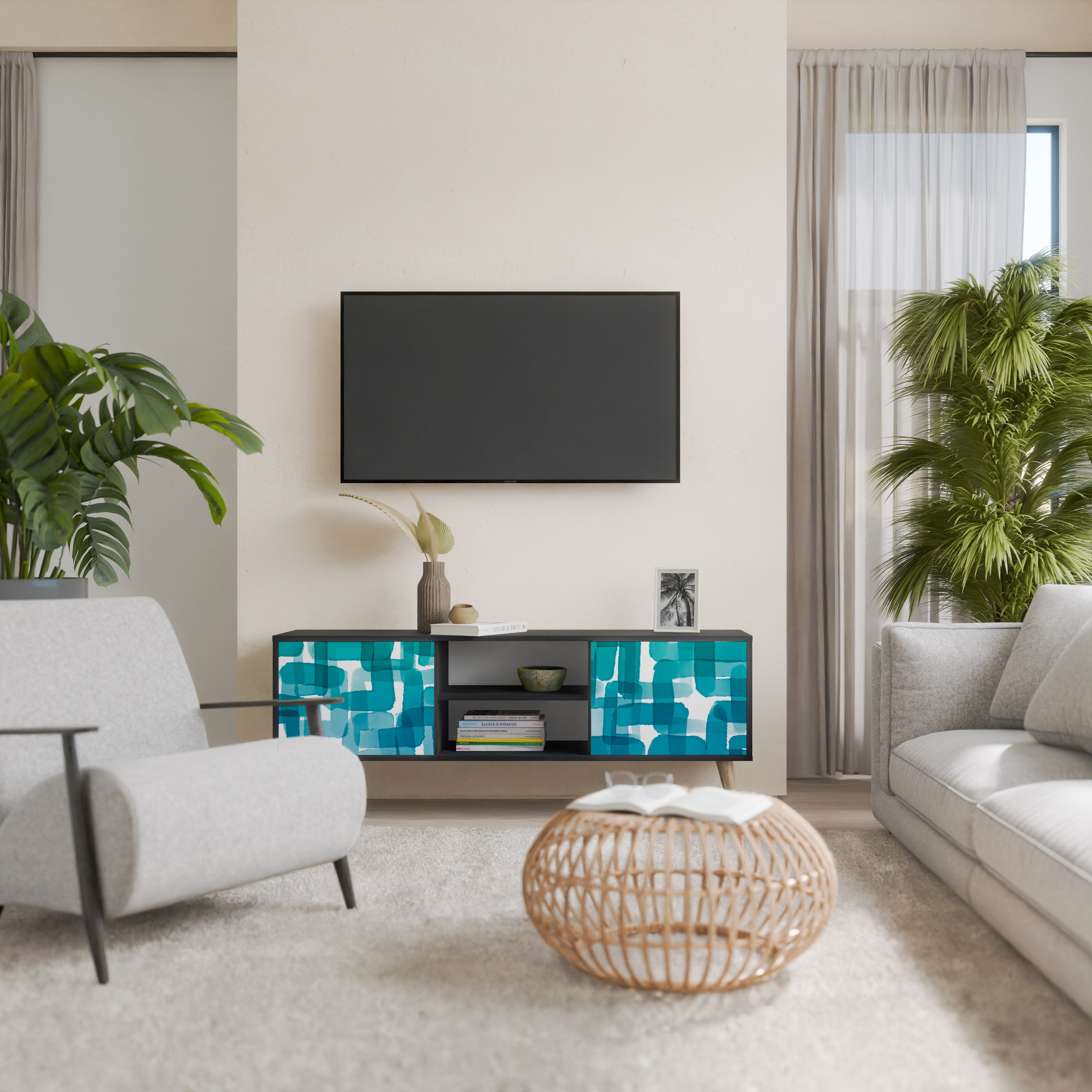 Mueble de TV de 2 puertas con rectángulos turquesas en acabado negro
